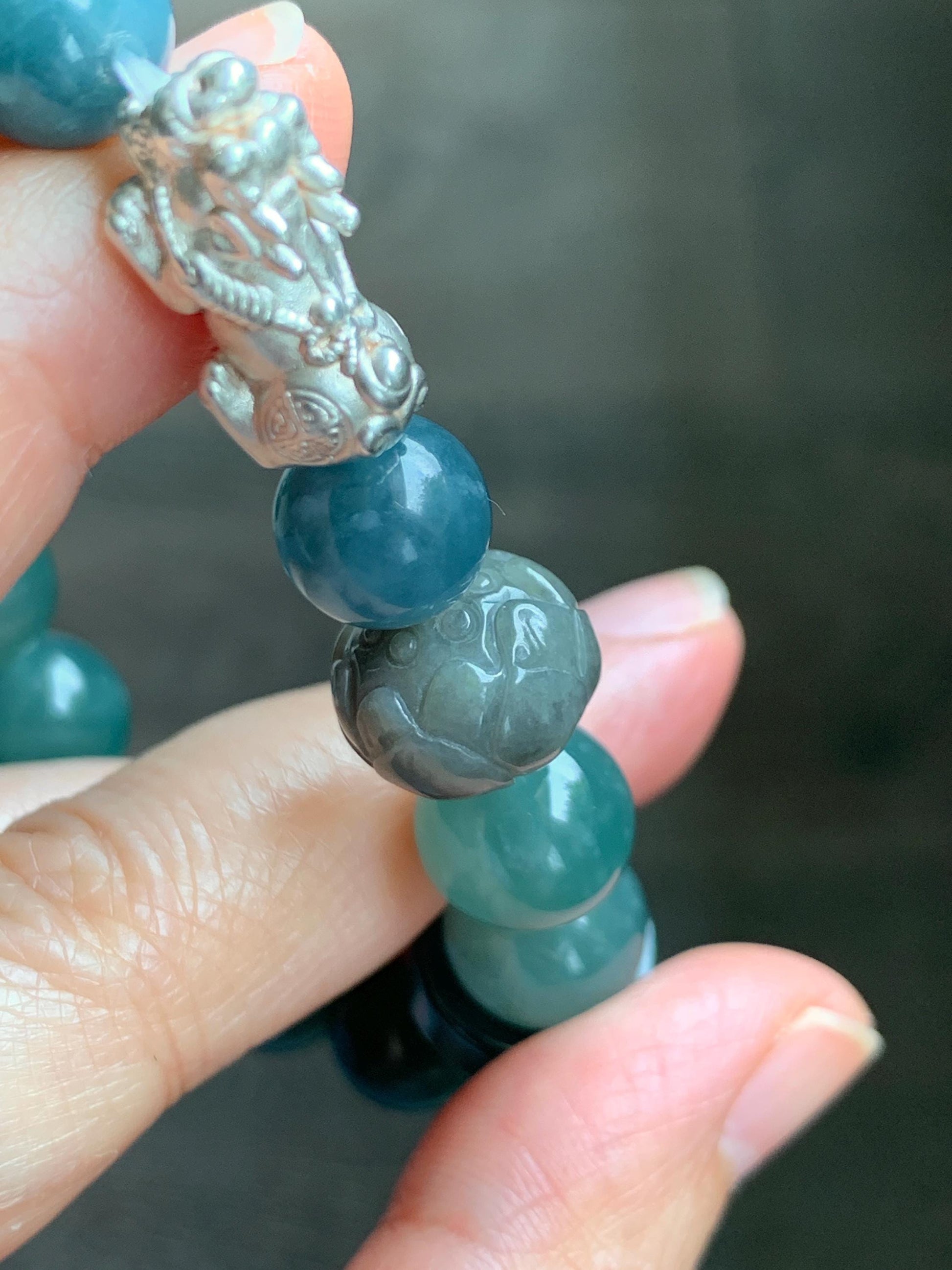 Natural Grade A Guatemalan Icy Dark Dusty Teal Green Jade Jadeite Dragon Bead Beaded Bracelet Sterling Silver 7” 41g 天然冰危暗蓝绿翡翠龙珠手串 WDI298