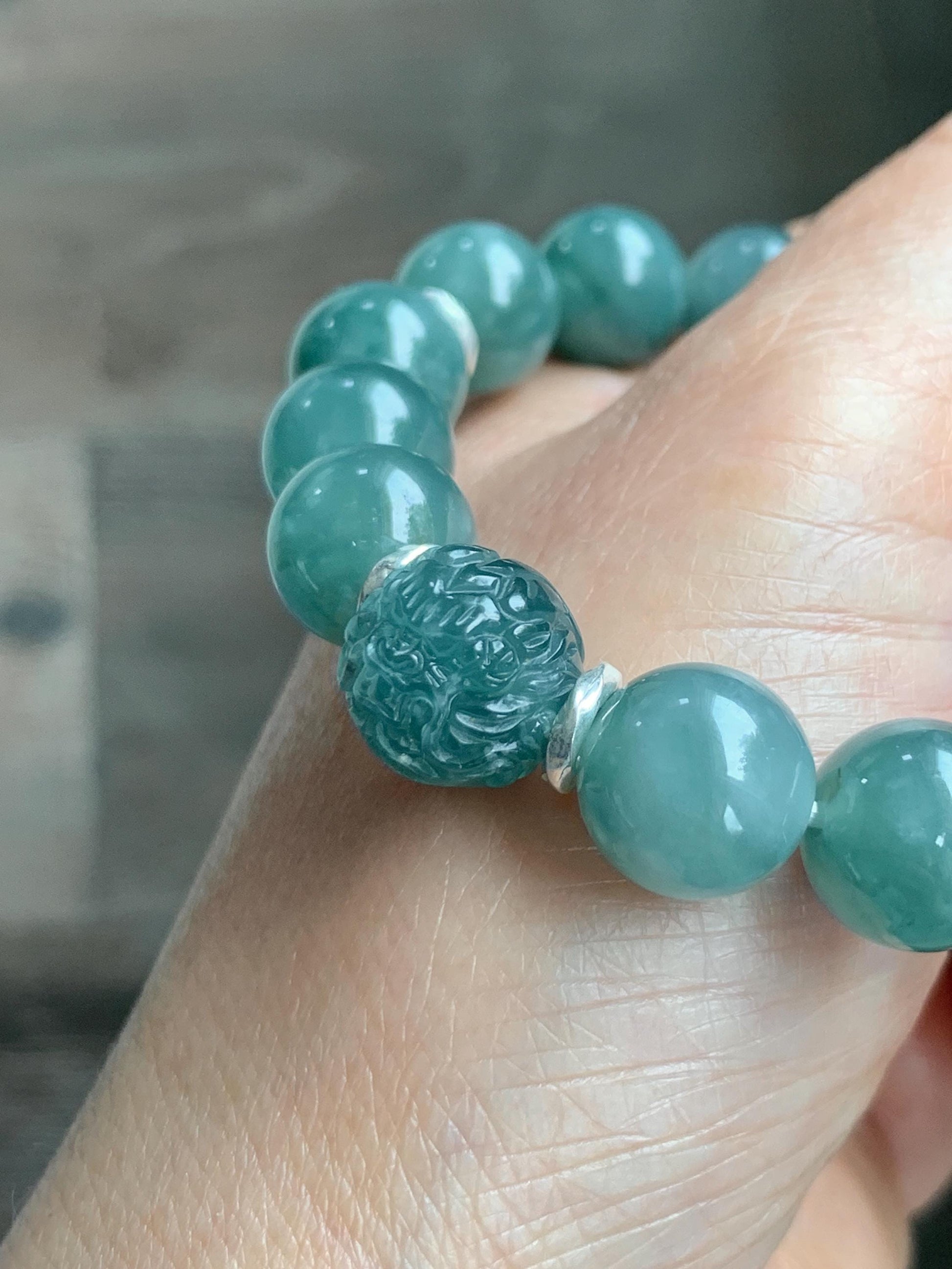 Natural Grade A Guatemalan Icy Dark Dusty Teal Green Jade Jadeite Dragon Bead Beaded Bracelet Sterling Silver 7” 41g 天然冰危暗蓝绿翡翠龙珠手串 WDI298