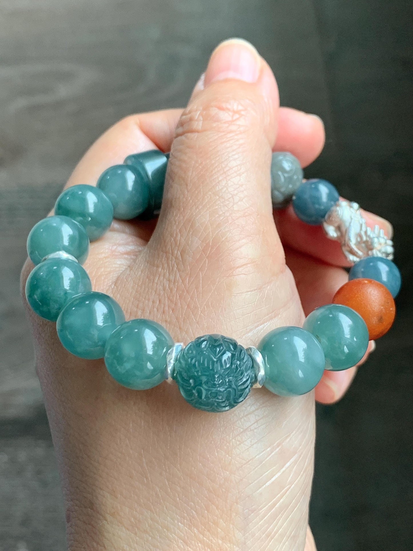 Natural Grade A Guatemalan Icy Dark Dusty Teal Green Jade Jadeite Dragon Bead Beaded Bracelet Sterling Silver 7” 41g 天然冰危暗蓝绿翡翠龙珠手串 WDI298