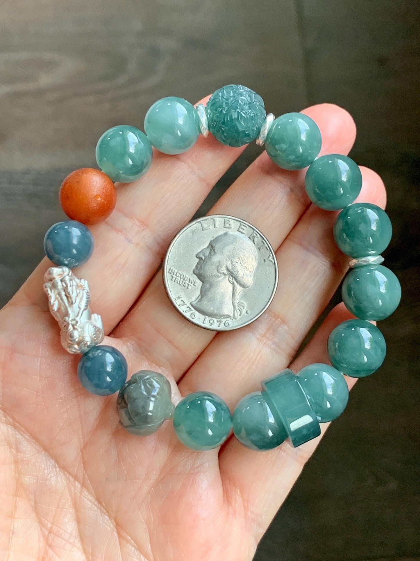 Natural Grade A Guatemalan Icy Dark Dusty Teal Green Jade Jadeite Dragon Bead Beaded Bracelet Sterling Silver 7” 41g 天然冰危暗蓝绿翡翠龙珠手串 WDI298