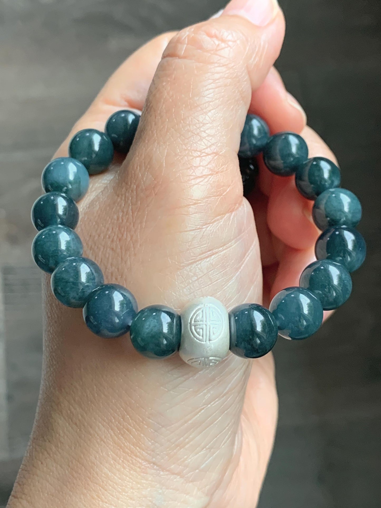 Natural Guatemalan Grade A Icy Dark Aegean Blue Jade Jadeite Beads & Charm Beaded Bracelet Sterling Silver 9.9mm 6.75” 天然冰危牛仔蓝翡翠拉布布手串 WLB210