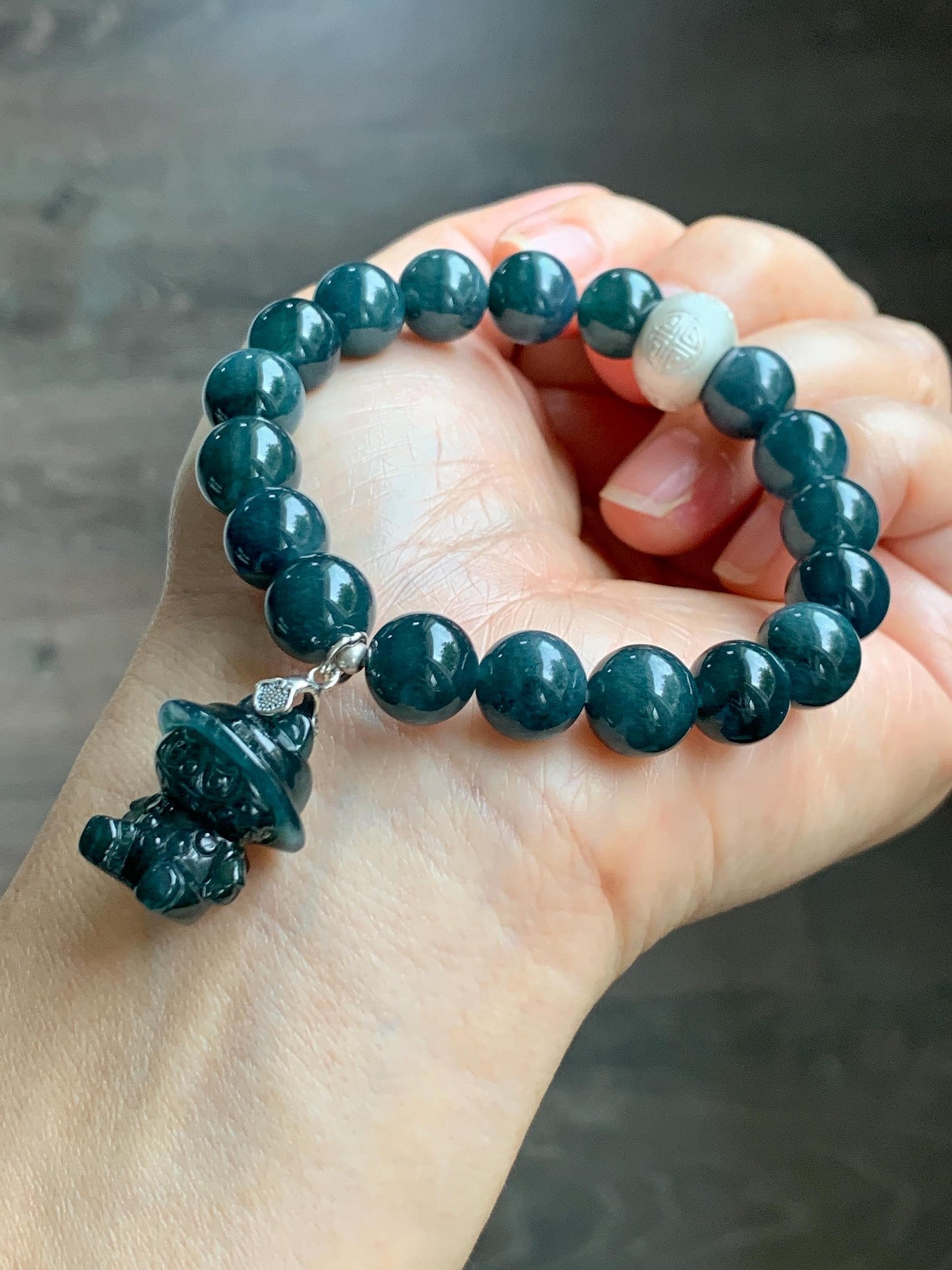 Natural Guatemalan Grade A Icy Dark Aegean Blue Jade Jadeite Beads & Charm Beaded Bracelet Sterling Silver 9.9mm 6.75” 天然冰危牛仔蓝翡翠拉布布手串 WLB210