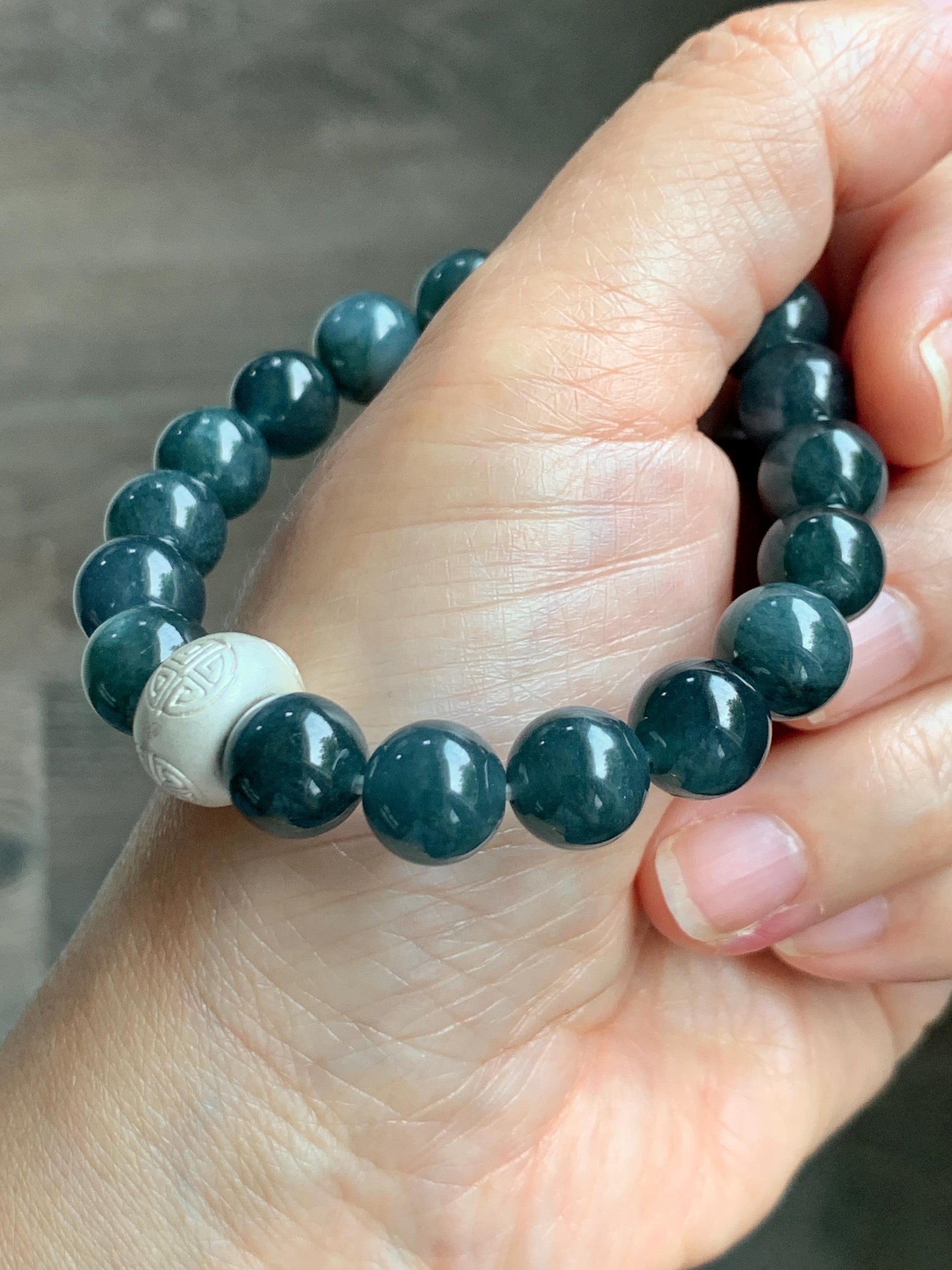 Natural Guatemalan Grade A Icy Dark Aegean Blue Jade Jadeite Beads & Charm Beaded Bracelet Sterling Silver 9.9mm 6.75” 天然冰危牛仔蓝翡翠拉布布手串 WLB210