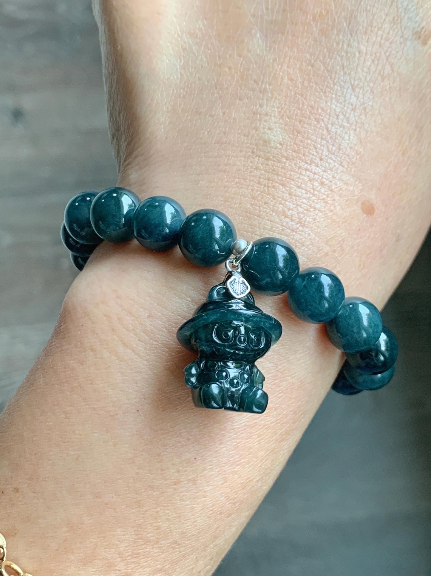 Natural Guatemalan Grade A Icy Dark Aegean Blue Jade Jadeite Beads & Charm Beaded Bracelet Sterling Silver 9.9mm 6.75” 天然冰危牛仔蓝翡翠拉布布手串 WLB210