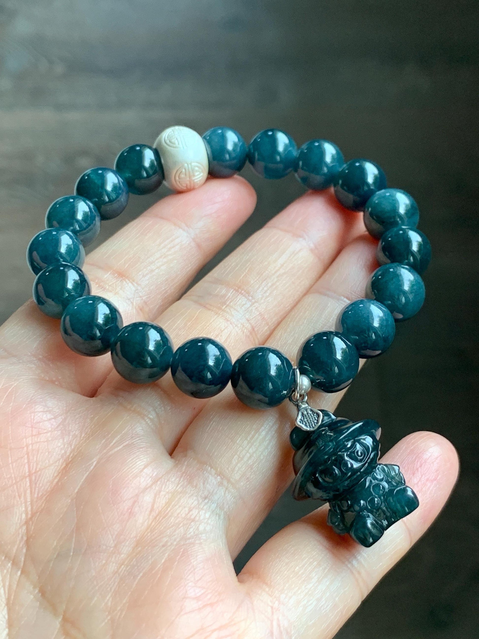 Natural Guatemalan Grade A Icy Dark Aegean Blue Jade Jadeite Beads & Charm Beaded Bracelet Sterling Silver 9.9mm 6.75” 天然冰危牛仔蓝翡翠拉布布手串 WLB210