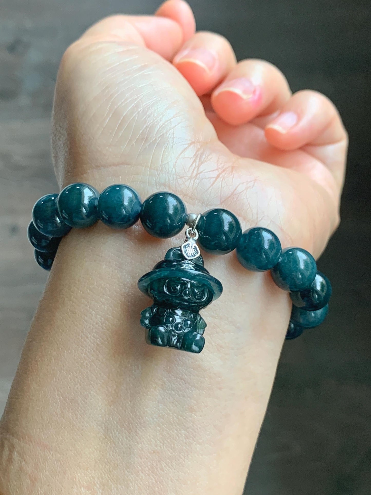 Natural Guatemalan Grade A Icy Dark Aegean Blue Jade Jadeite Beads & Charm Beaded Bracelet Sterling Silver 9.9mm 6.75” 天然冰危牛仔蓝翡翠拉布布手串 WLB210