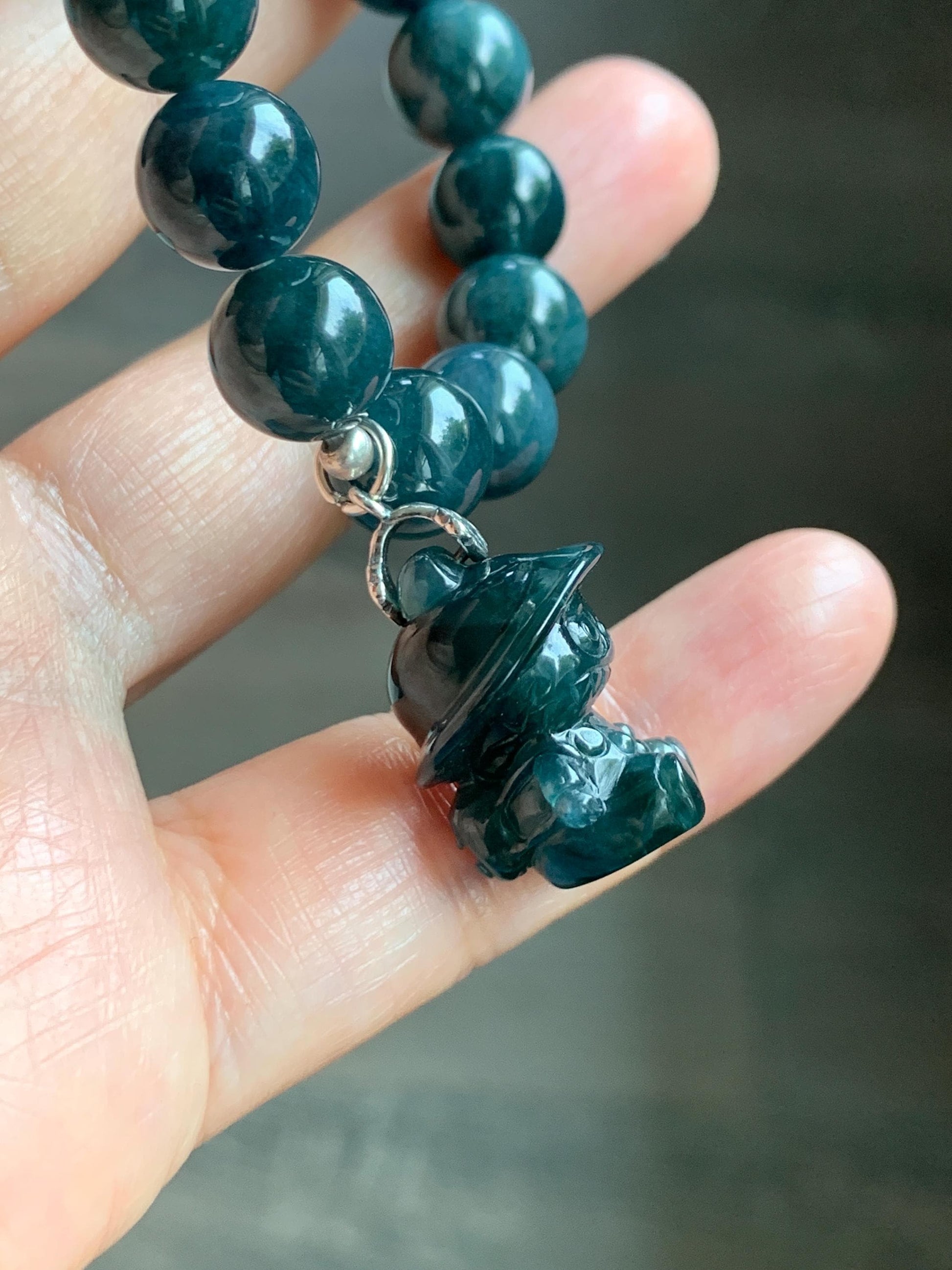 Natural Guatemalan Grade A Icy Dark Aegean Blue Jade Jadeite Beads & Charm Beaded Bracelet Sterling Silver 9.9mm 6.75” 天然冰危牛仔蓝翡翠拉布布手串 WLB210