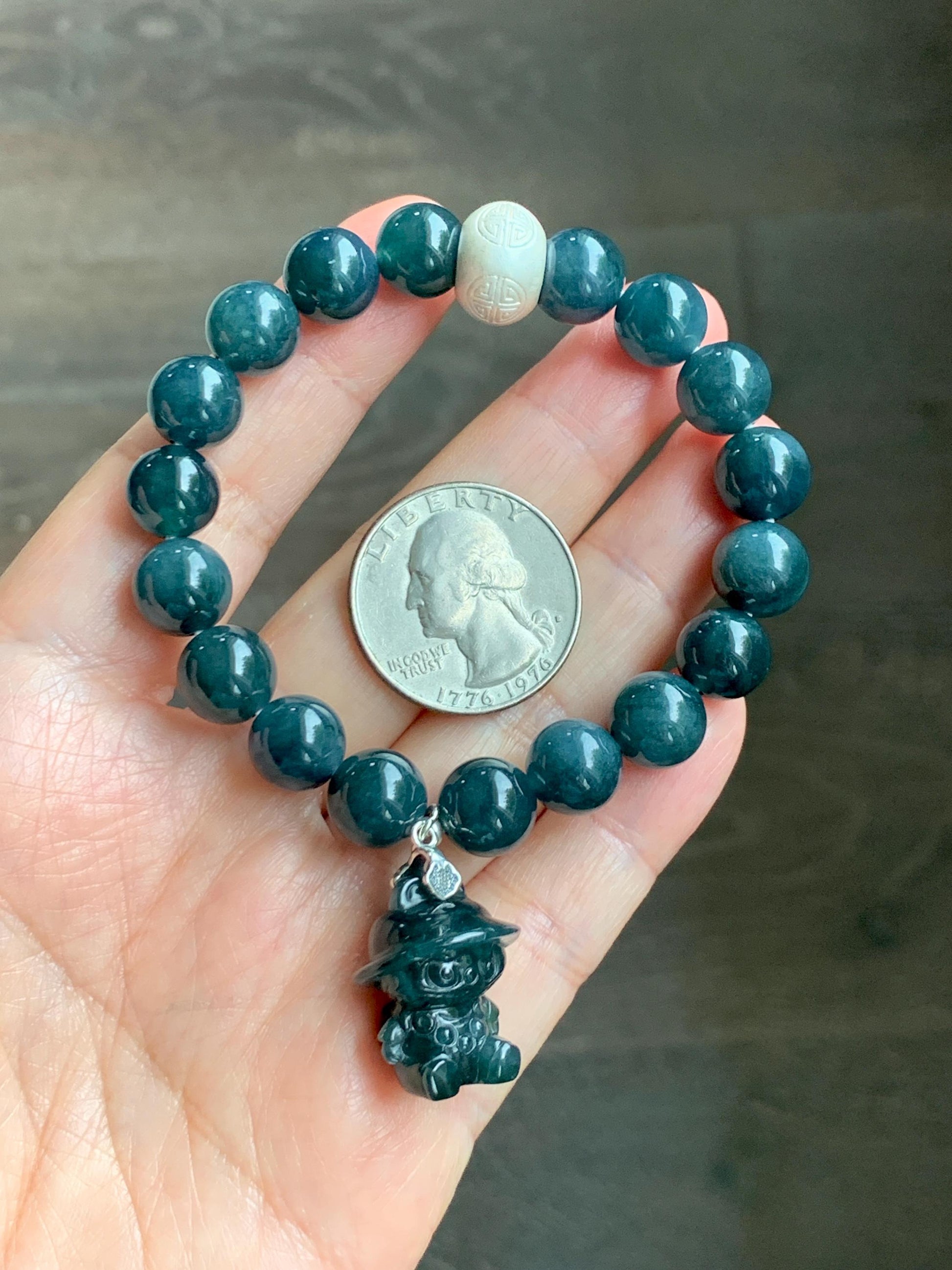 Natural Guatemalan Grade A Icy Dark Aegean Blue Jade Jadeite Beads & Charm Beaded Bracelet Sterling Silver 9.9mm 6.75” 天然冰危牛仔蓝翡翠拉布布手串 WLB210