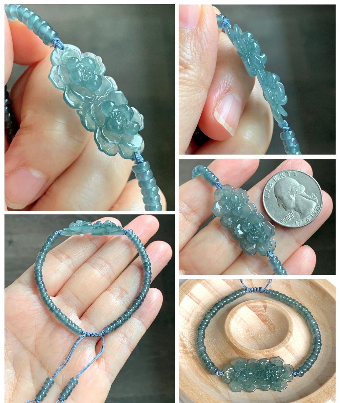 Natural Grade A Guatemalan Icy Translucent Teal Blue Jade Jadeite Double Lotus Flower Beaded Bracelet 6.75” 10g 天然冰胶危蓝起光翡翠双莲花算盘珠手串 WSL188
