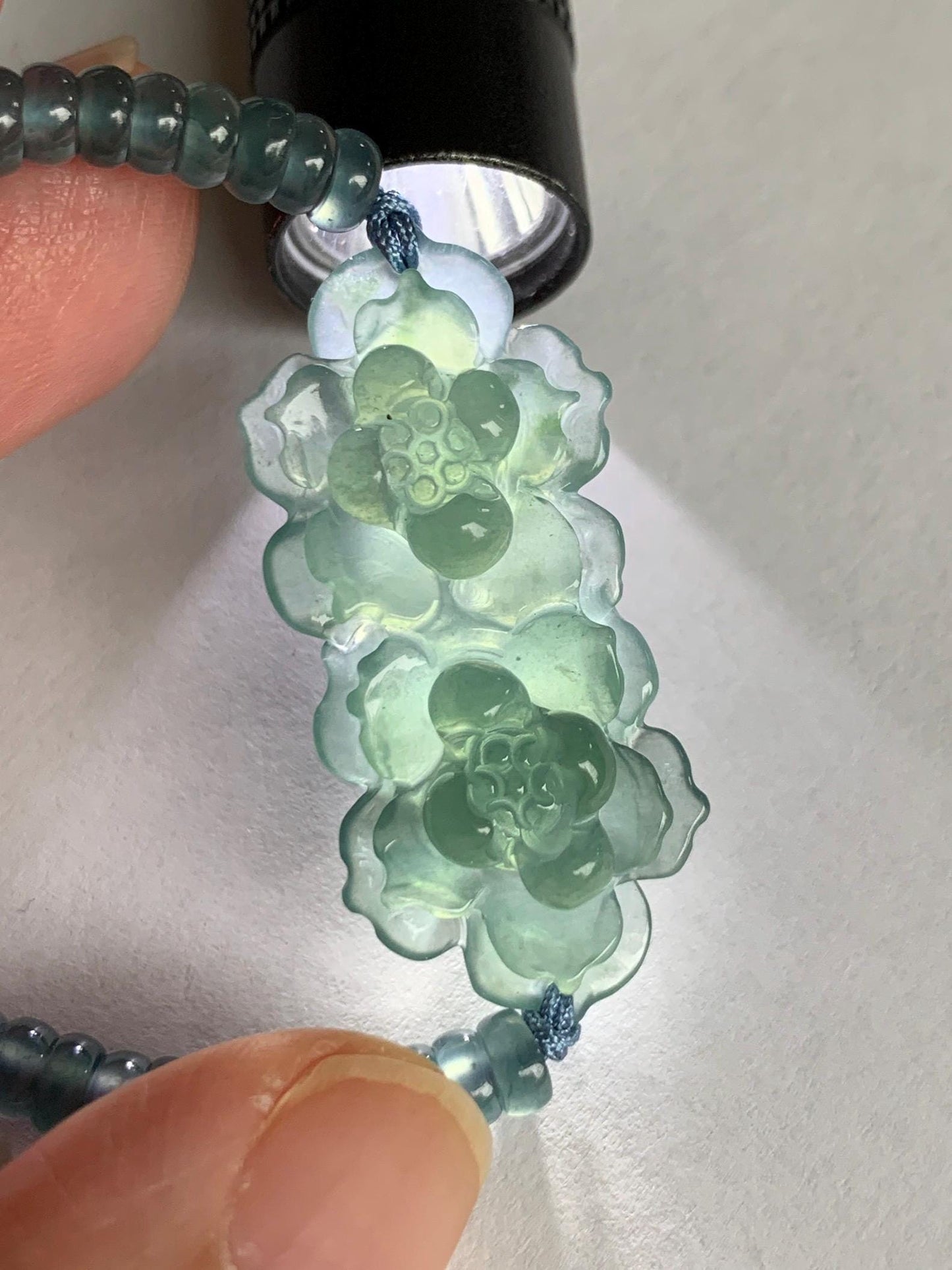Natural Grade A Guatemalan Icy Translucent Teal Blue Jade Jadeite Double Lotus Flower Beaded Bracelet 6.75” 10g 天然冰胶危蓝起光翡翠双莲花算盘珠手串 WSL188