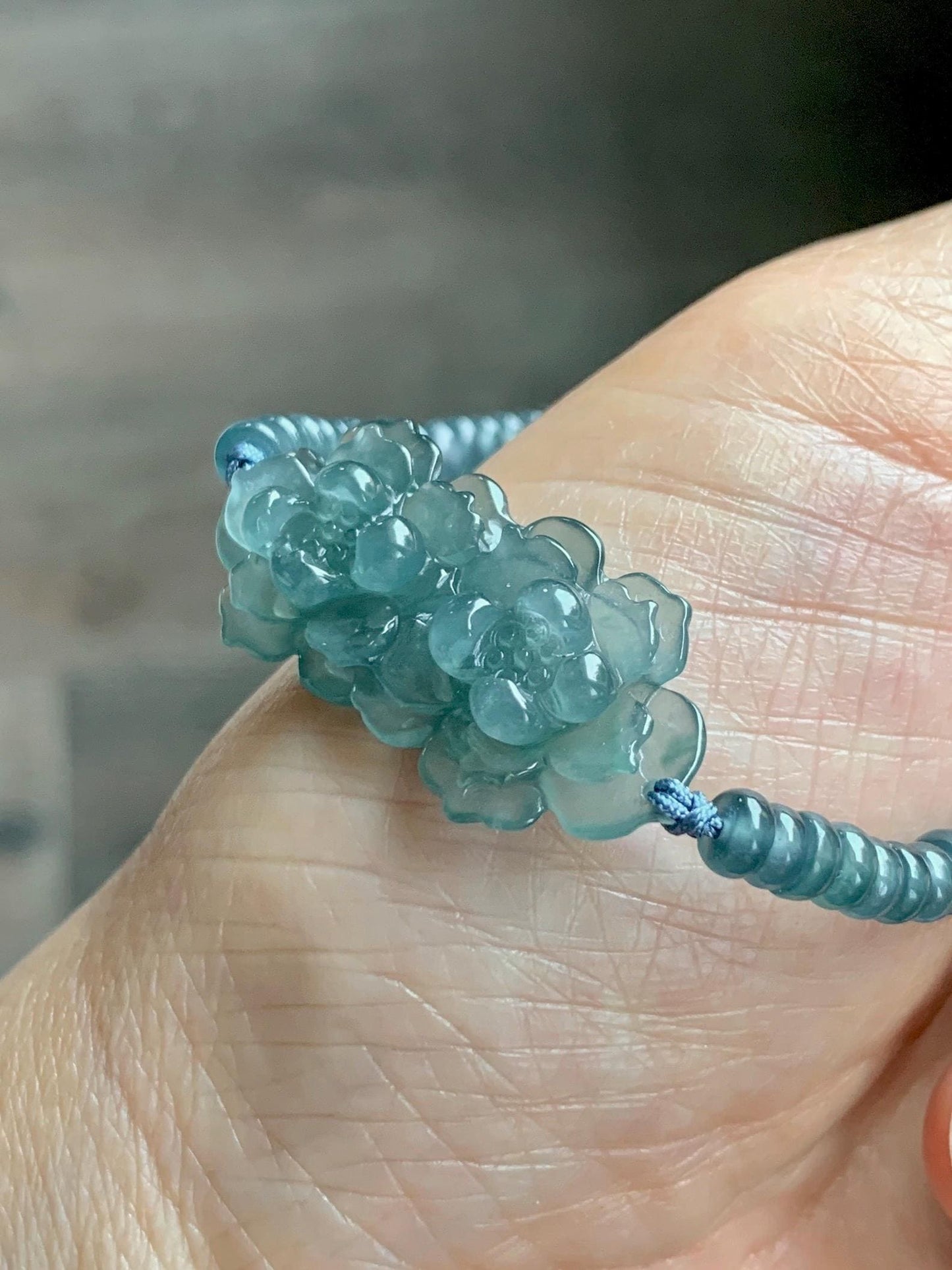 Natural Grade A Guatemalan Icy Translucent Teal Blue Jade Jadeite Double Lotus Flower Beaded Bracelet 6.75” 10g 天然冰胶危蓝起光翡翠双莲花算盘珠手串 WSL188