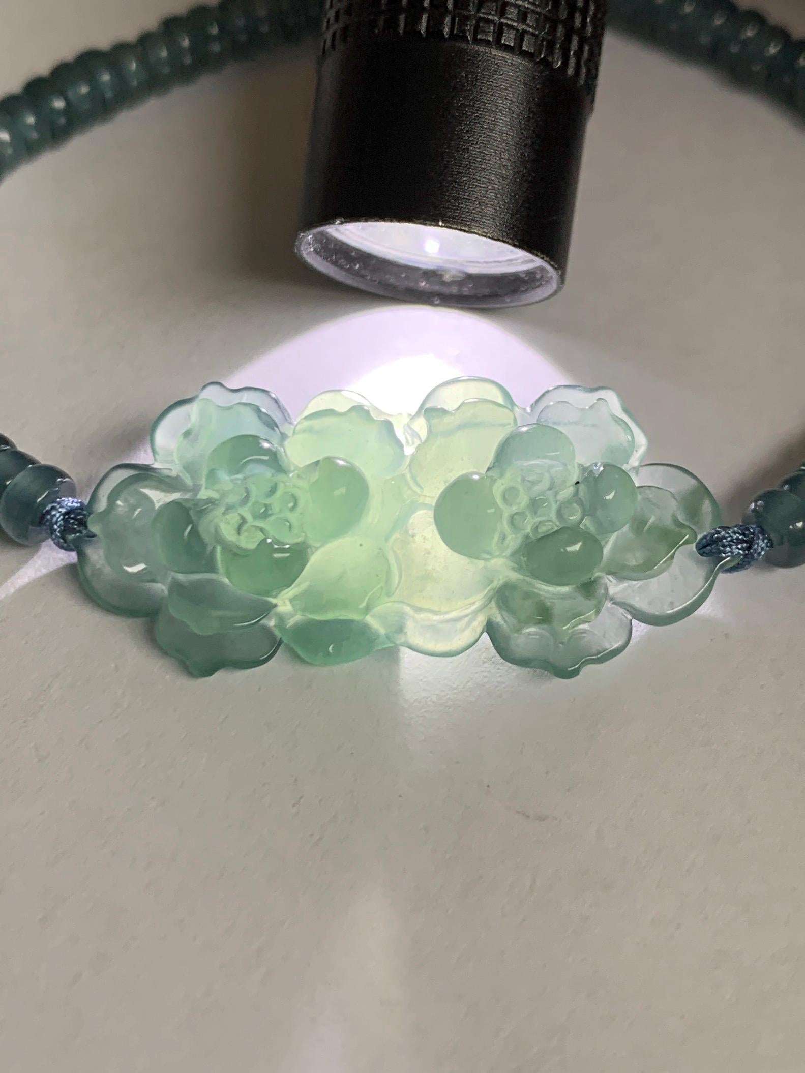 Natural Grade A Guatemalan Icy Translucent Teal Blue Jade Jadeite Double Lotus Flower Beaded Bracelet 6.75” 10g 天然冰胶危蓝起光翡翠双莲花算盘珠手串 WSL188