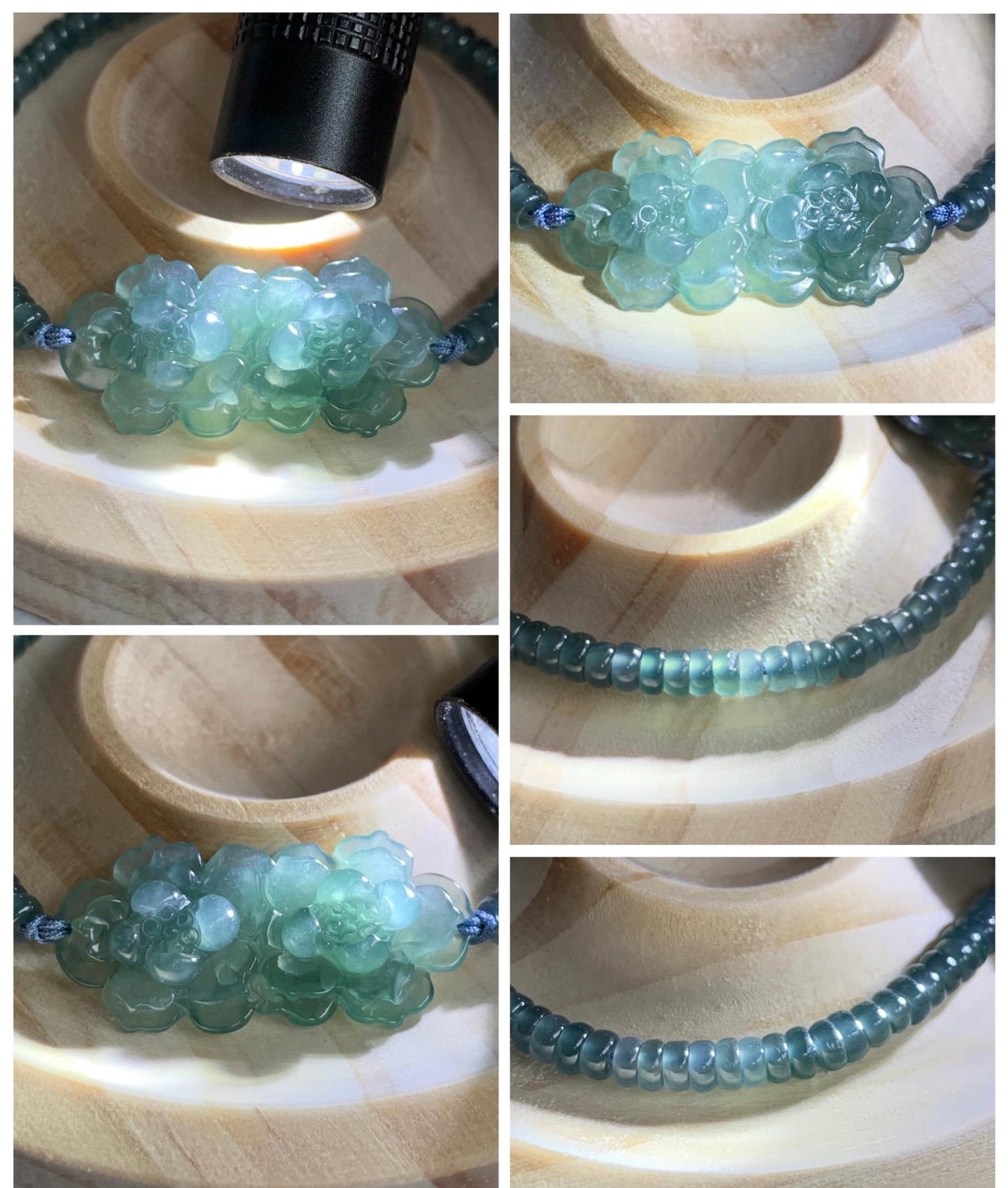 Natural Grade A Guatemalan Icy Translucent Teal Blue Jade Jadeite Double Lotus Flower Beaded Bracelet 6.75” 10g 天然冰胶危蓝起光翡翠双莲花算盘珠手串 WSL188