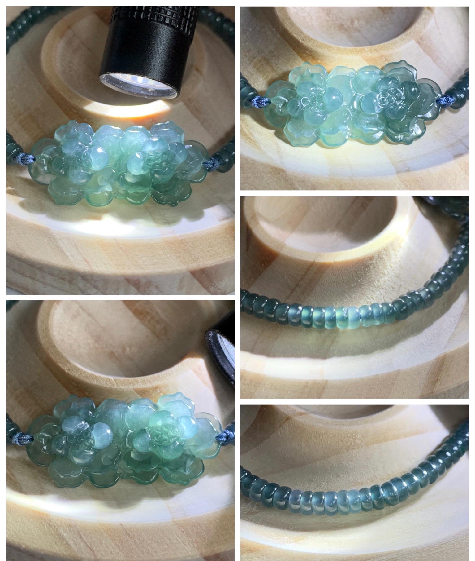 Natural Grade A Guatemalan Icy Translucent Teal Blue Jade Jadeite Double Lotus Flower Beaded Bracelet 6.75” 10g 天然冰胶危蓝起光翡翠双莲花算盘珠手串 WSL188