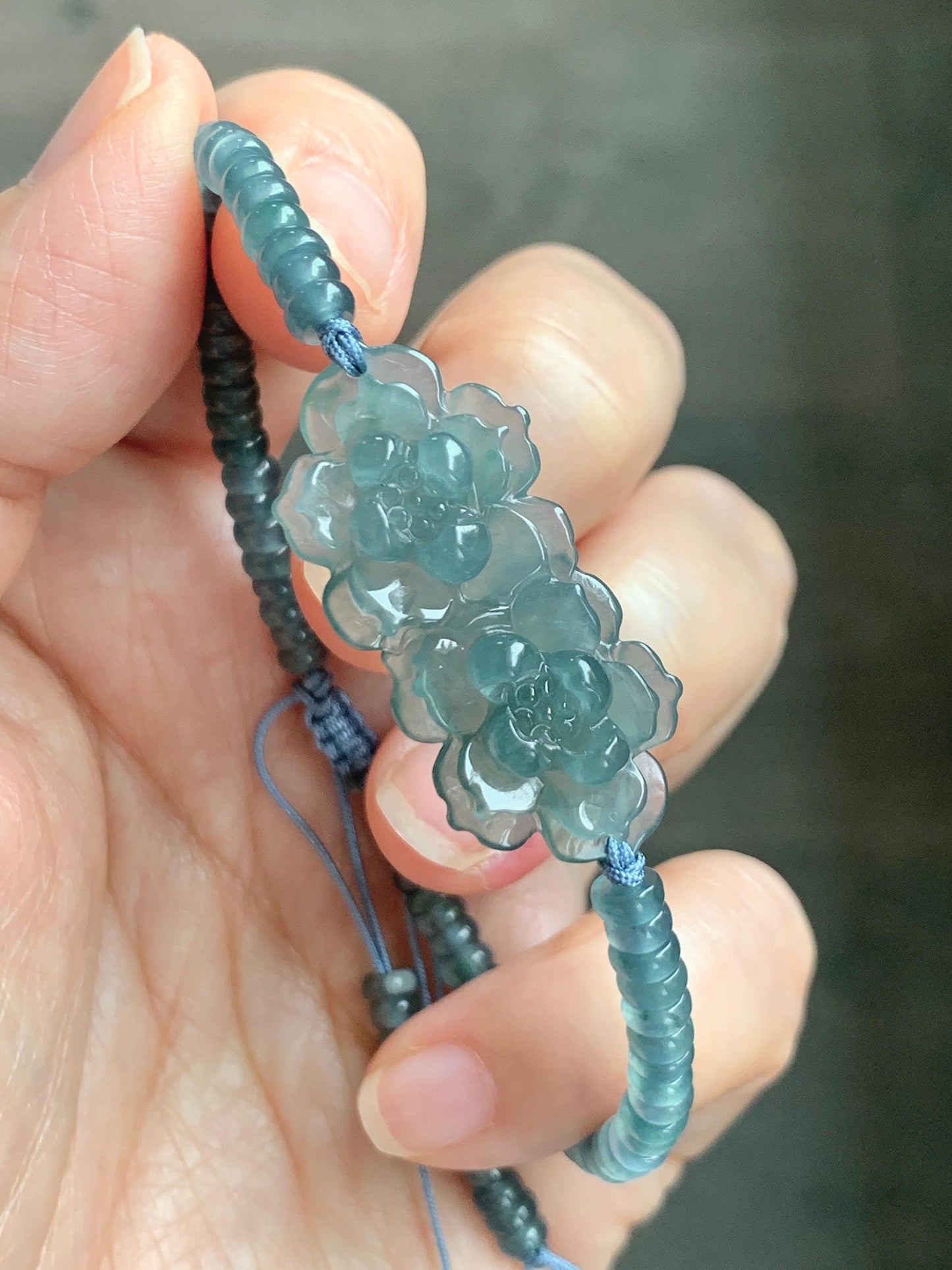 Natural Grade A Guatemalan Icy Translucent Teal Blue Jade Jadeite Double Lotus Flower Beaded Bracelet 6.75” 10g 天然冰胶危蓝起光翡翠双莲花算盘珠手串 WSL188