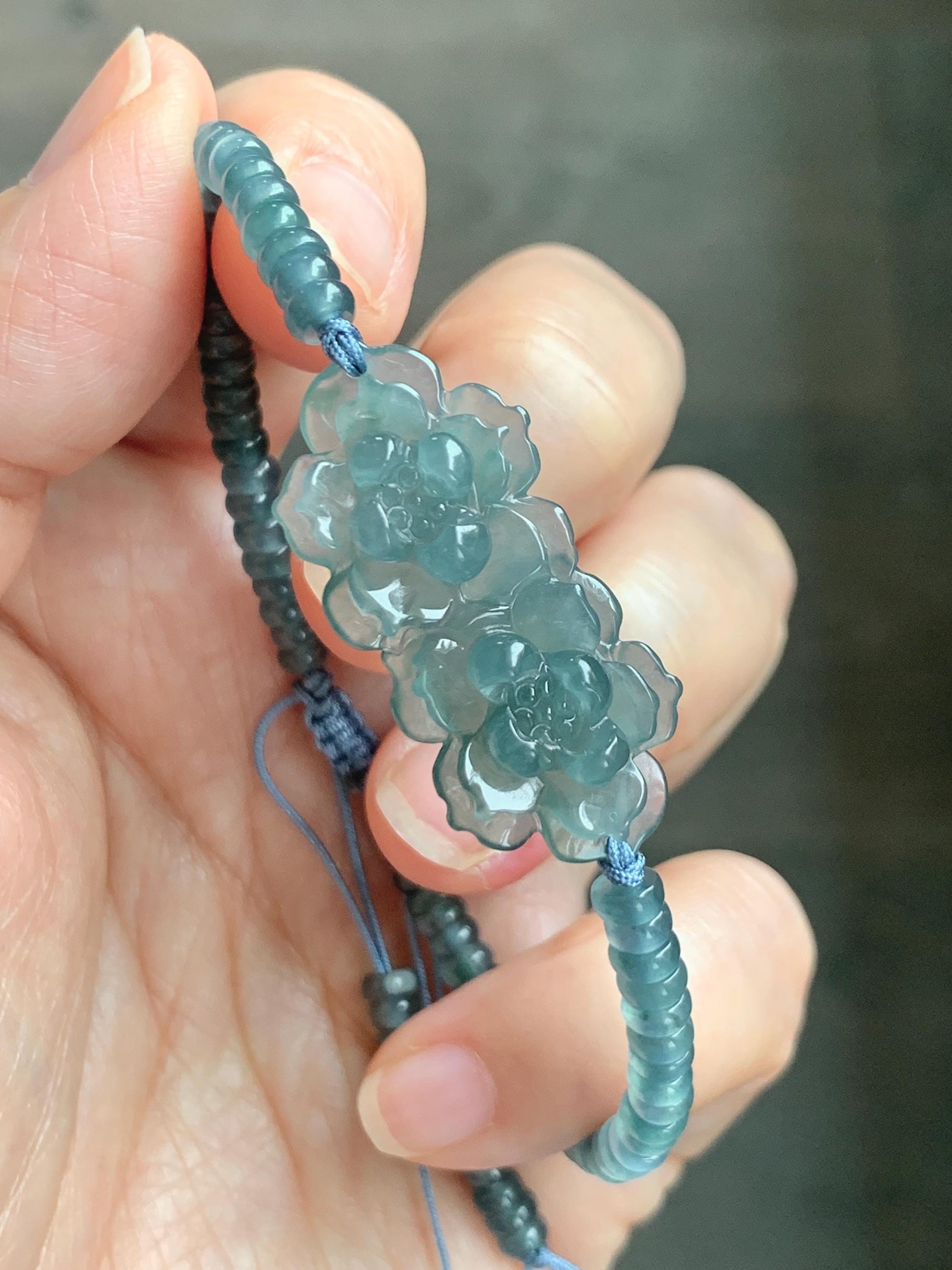 Natural Grade A Guatemalan Icy Translucent Teal Blue Jade Jadeite Double Lotus Flower Beaded Bracelet 6.75” 10g 天然冰胶危蓝起光翡翠双莲花算盘珠手串 WSL188