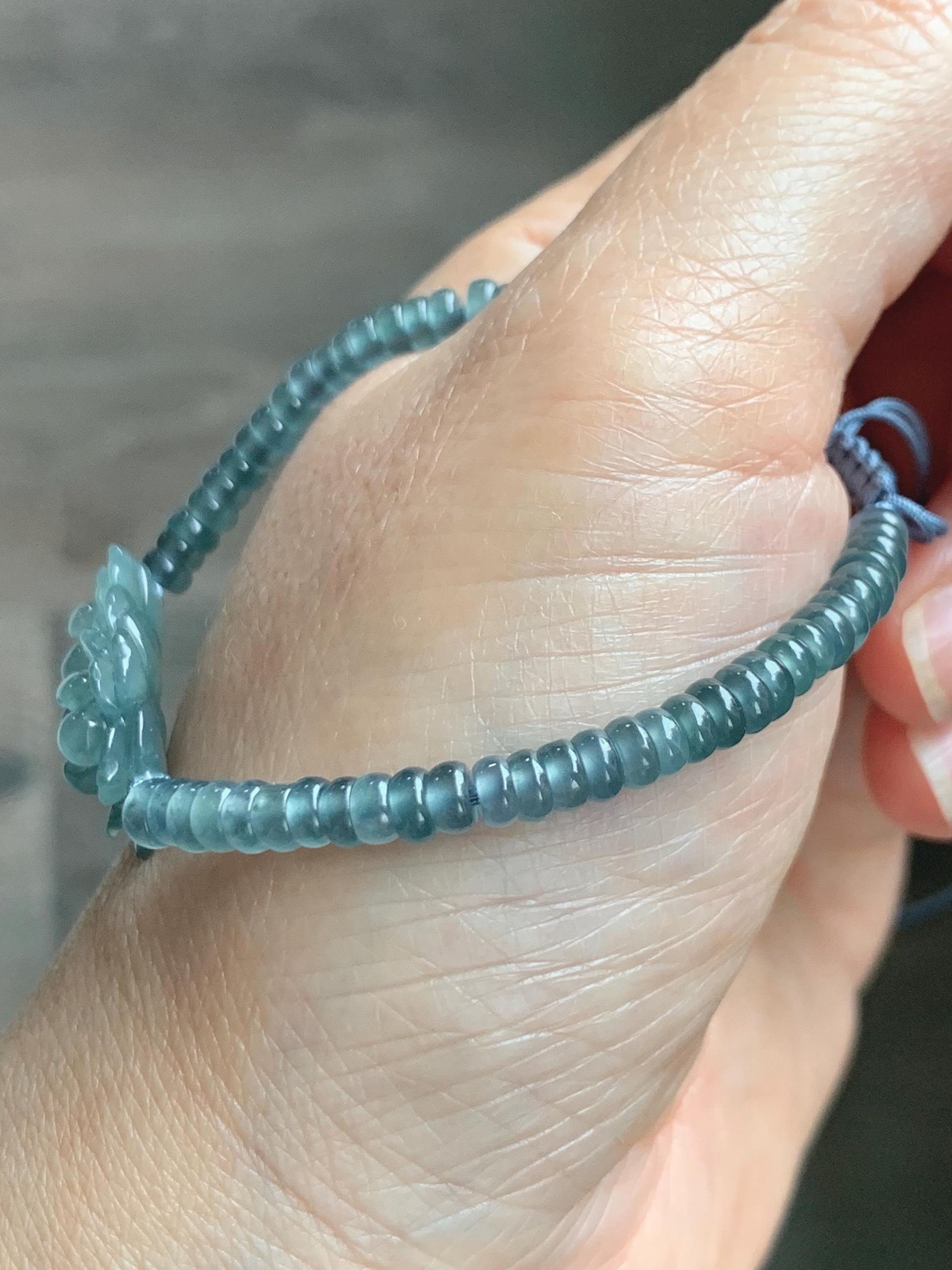 Natural Grade A Guatemalan Icy Translucent Teal Blue Jade Jadeite Double Lotus Flower Beaded Bracelet 6.75” 10g 天然冰胶危蓝起光翡翠双莲花算盘珠手串 WSL188