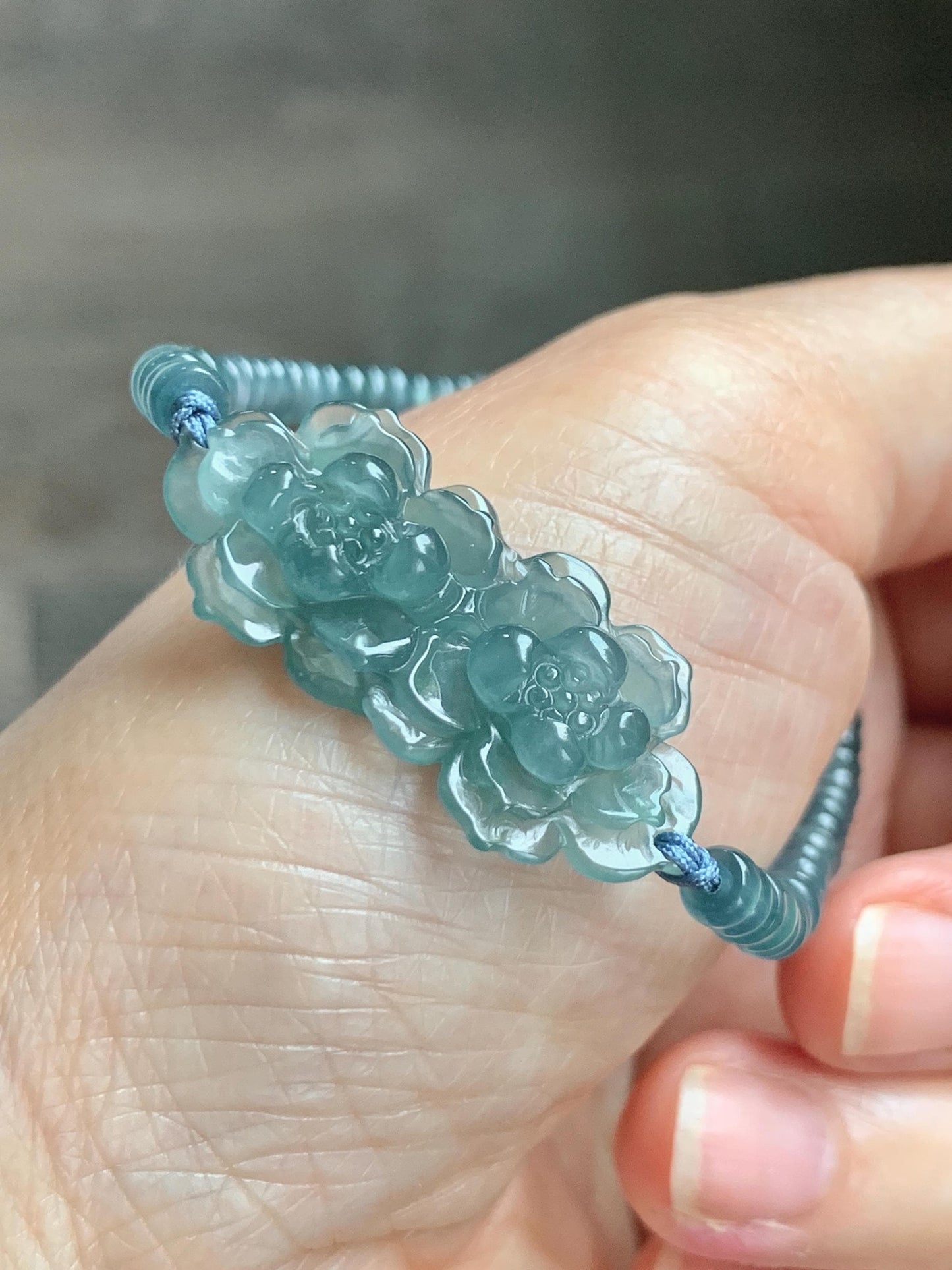 Natural Grade A Guatemalan Icy Translucent Teal Blue Jade Jadeite Double Lotus Flower Beaded Bracelet 6.75” 10g 天然冰胶危蓝起光翡翠双莲花算盘珠手串 WSL188