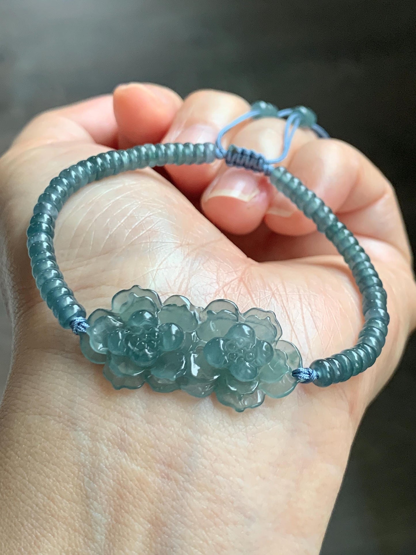 Natural Grade A Guatemalan Icy Translucent Teal Blue Jade Jadeite Double Lotus Flower Beaded Bracelet 6.75” 10g 天然冰胶危蓝起光翡翠双莲花算盘珠手串 WSL188