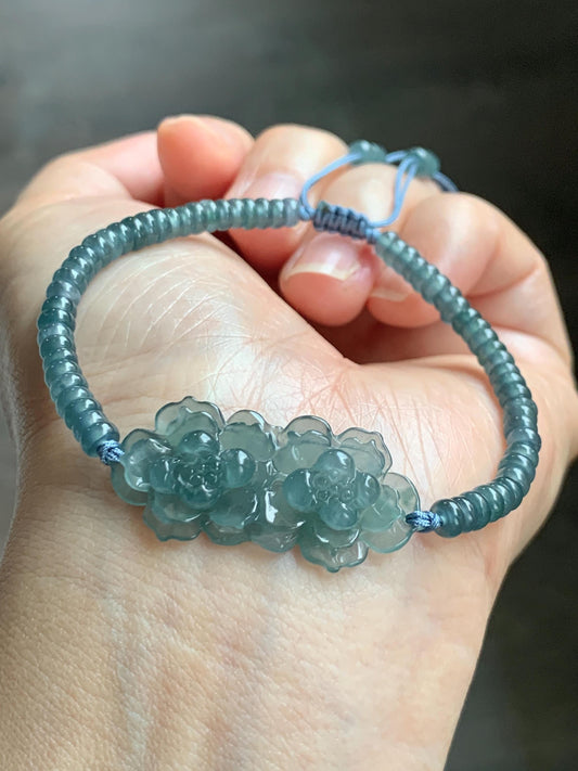 Natural Grade A Guatemalan Icy Translucent Teal Blue Jade Jadeite Double Lotus Flower Beaded Bracelet 6.75” 10g 天然冰胶危蓝起光翡翠双莲花算盘珠手串 WSL188