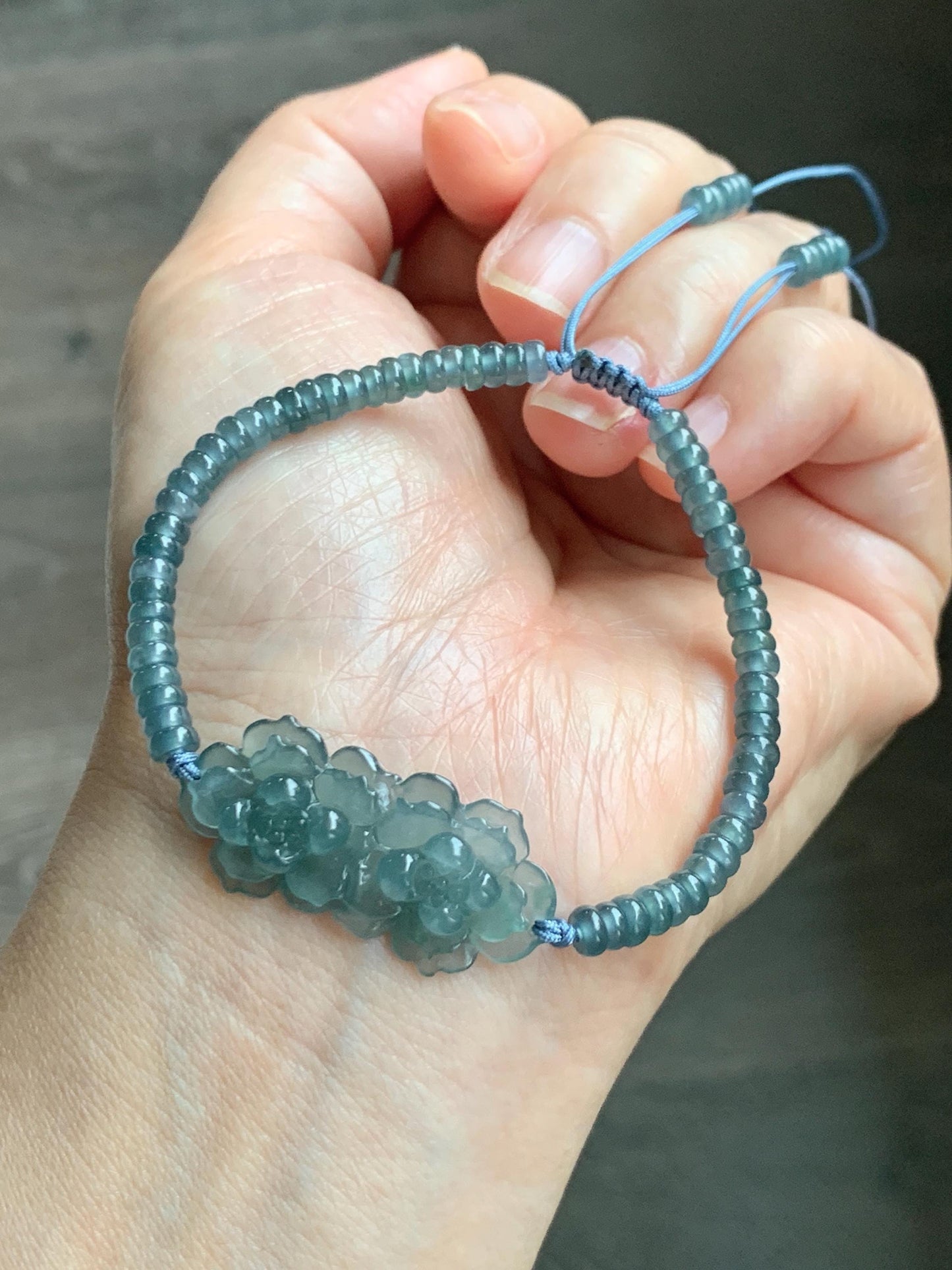Natural Grade A Guatemalan Icy Translucent Teal Blue Jade Jadeite Double Lotus Flower Beaded Bracelet 6.75” 10g 天然冰胶危蓝起光翡翠双莲花算盘珠手串 WSL188