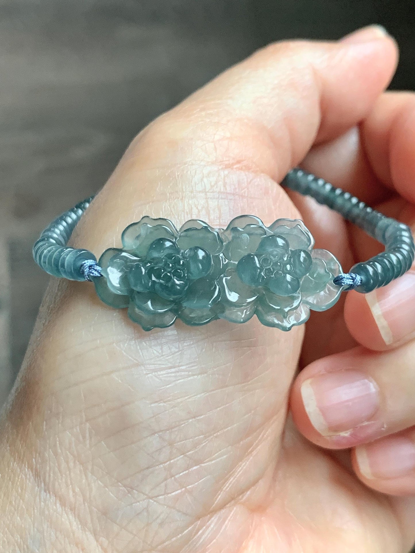 Natural Grade A Guatemalan Icy Translucent Teal Blue Jade Jadeite Double Lotus Flower Beaded Bracelet 6.75” 10g 天然冰胶危蓝起光翡翠双莲花算盘珠手串 WSL188