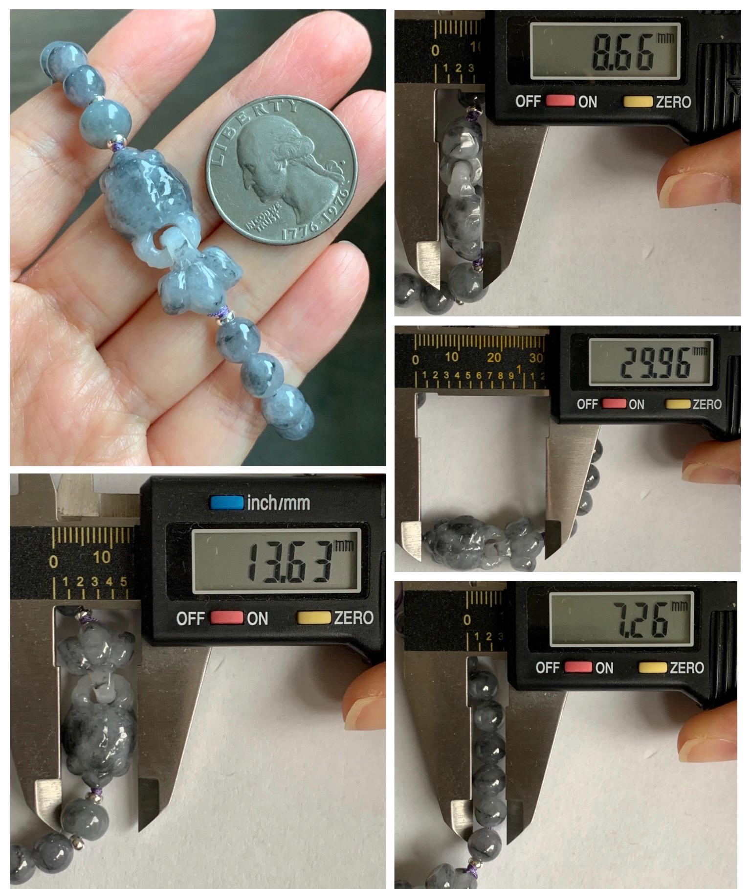 Natural Grade A Icy Translucent Wuji Jade Jadeite Goldfish Interlocking Tail Beaded Bracelet 6.75" 19g Sterling Silver 天然冰胶乌鸡翡翠金鱼圆珠手串 MWJ294