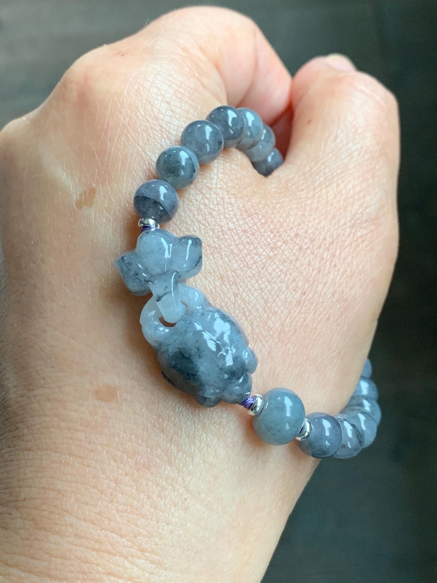 Natural Grade A Icy Translucent Wuji Jade Jadeite Goldfish Interlocking Tail Beaded Bracelet 6.75" 19g Sterling Silver 天然冰胶乌鸡翡翠金鱼圆珠手串 MWJ294