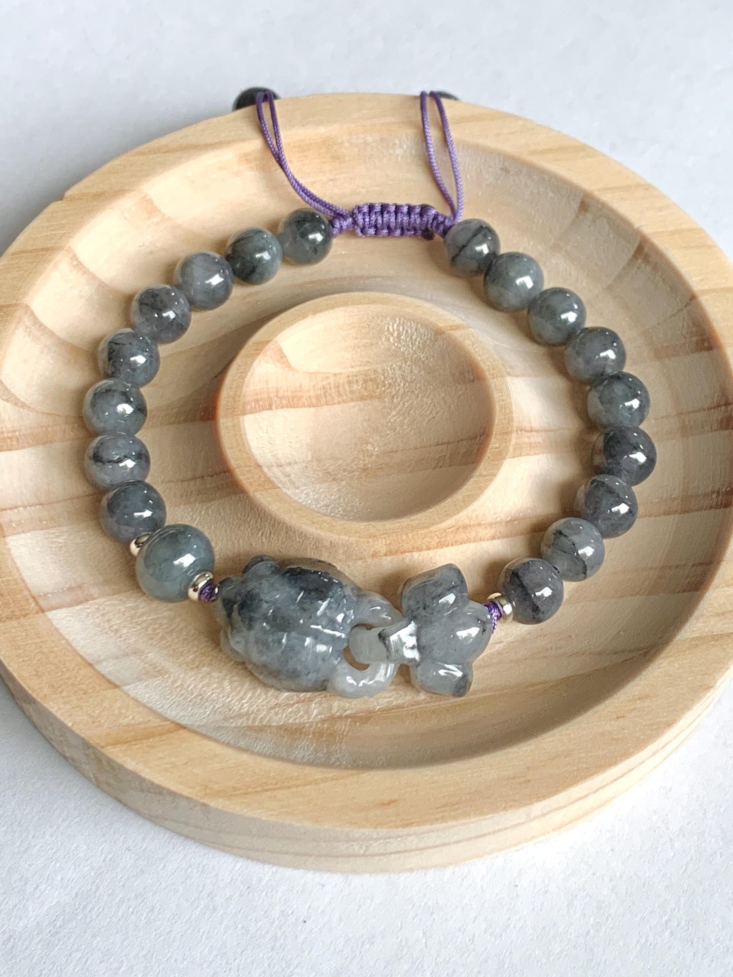 Natural Grade A Icy Translucent Wuji Jade Jadeite Goldfish Interlocking Tail Beaded Bracelet 6.75" 19g Sterling Silver 天然冰胶乌鸡翡翠金鱼圆珠手串 MWJ294
