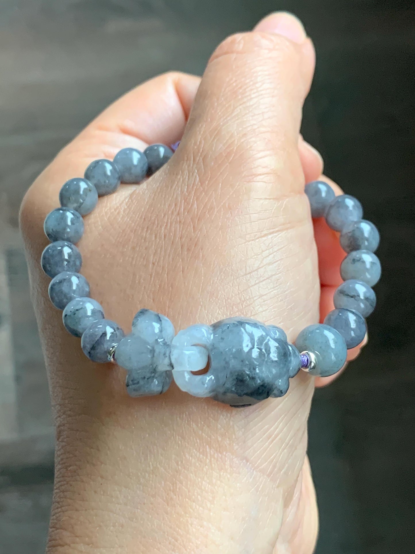 Natural Grade A Icy Translucent Wuji Jade Jadeite Goldfish Interlocking Tail Beaded Bracelet 6.75" 19g Sterling Silver 天然冰胶乌鸡翡翠金鱼圆珠手串 MWJ294