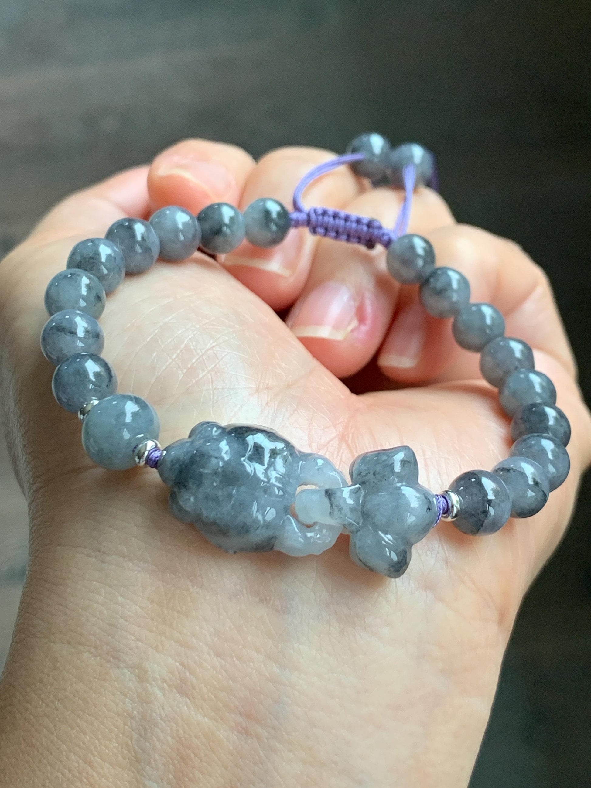 Natural Grade A Icy Translucent Wuji Jade Jadeite Goldfish Interlocking Tail Beaded Bracelet 6.75" 19g Sterling Silver 天然冰胶乌鸡翡翠金鱼圆珠手串 MWJ294