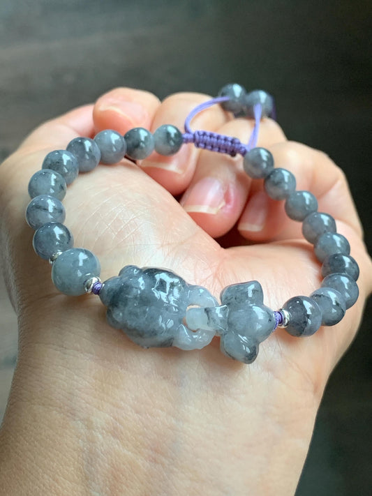 Natural Grade A Icy Translucent Wuji Jade Jadeite Goldfish Interlocking Tail Beaded Bracelet 6.75" 19g Sterling Silver 天然冰胶乌鸡翡翠金鱼圆珠手串 MWJ294