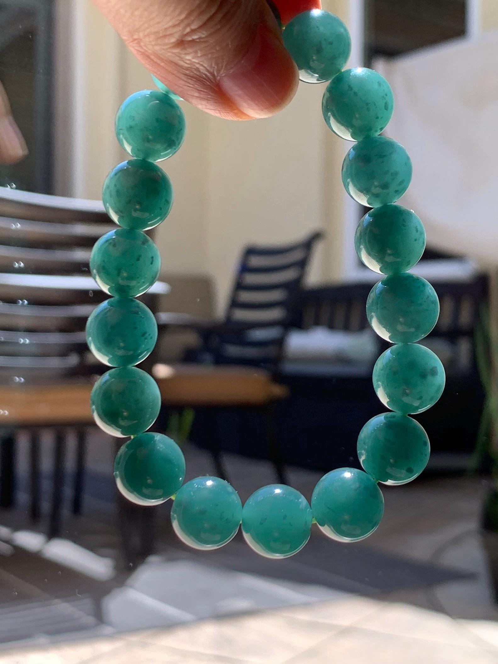 Natural Guatemalan Grade A Icy Translucent Dark Teal Green Jade Jadeite Beaded Bracelet Stretchy 11.7mm 8” 49g 天然冰危老种深蓝绿翡翠圆珠手串 WDL580