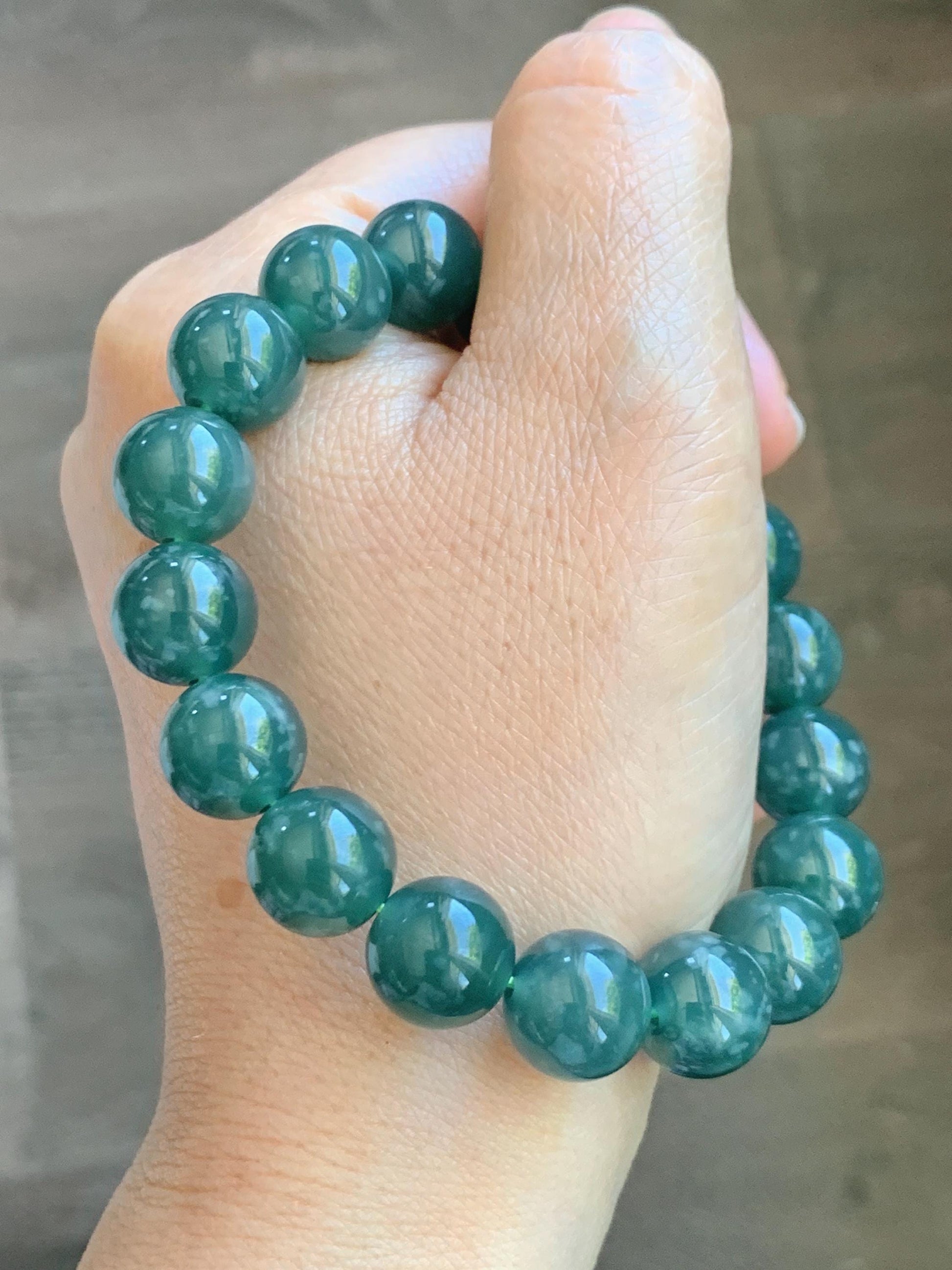 Natural Guatemalan Grade A Icy Translucent Dark Teal Green Jade Jadeite Beaded Bracelet Stretchy 11.7mm 8” 49g 天然冰危老种深蓝绿翡翠圆珠手串 WDL580