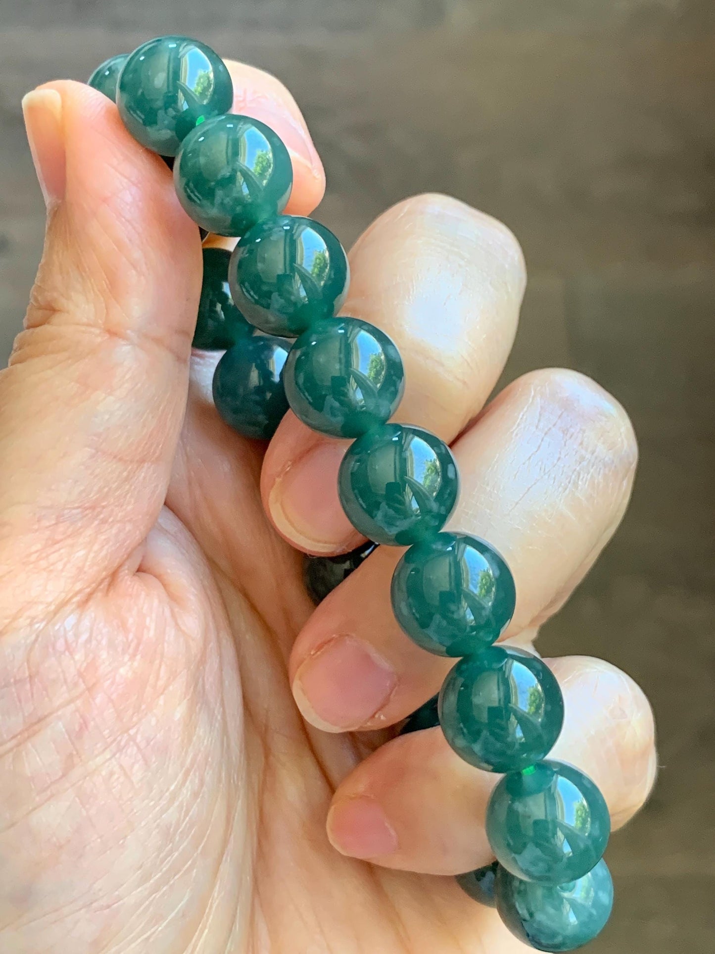 Natural Guatemalan Grade A Icy Translucent Dark Teal Green Jade Jadeite Beaded Bracelet Stretchy 11.7mm 8” 49g 天然冰危老种深蓝绿翡翠圆珠手串 WDL580
