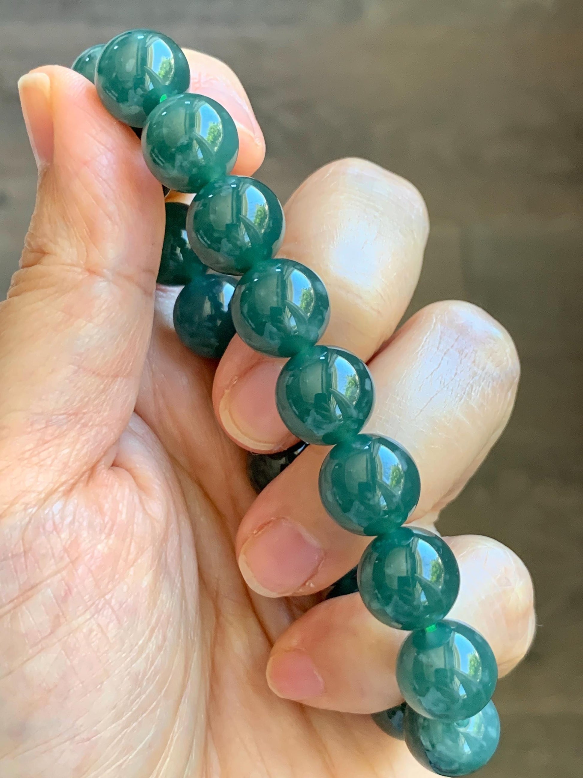 Natural Guatemalan Grade A Icy Translucent Dark Teal Green Jade Jadeite Beaded Bracelet Stretchy 11.7mm 8” 49g 天然冰危老种深蓝绿翡翠圆珠手串 WDL580