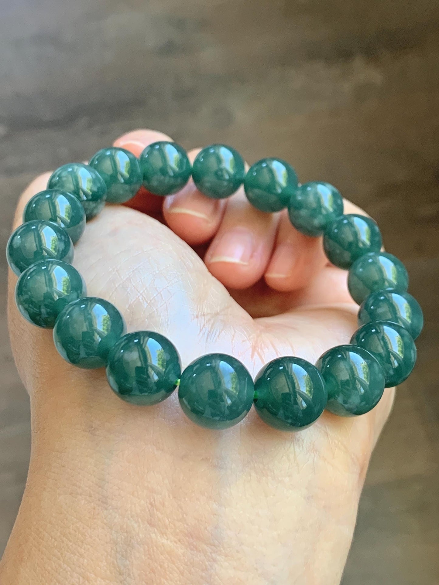 Natural Guatemalan Grade A Icy Translucent Dark Teal Green Jade Jadeite Beaded Bracelet Stretchy 11.7mm 8” 49g 天然冰危老种深蓝绿翡翠圆珠手串 WDL580
