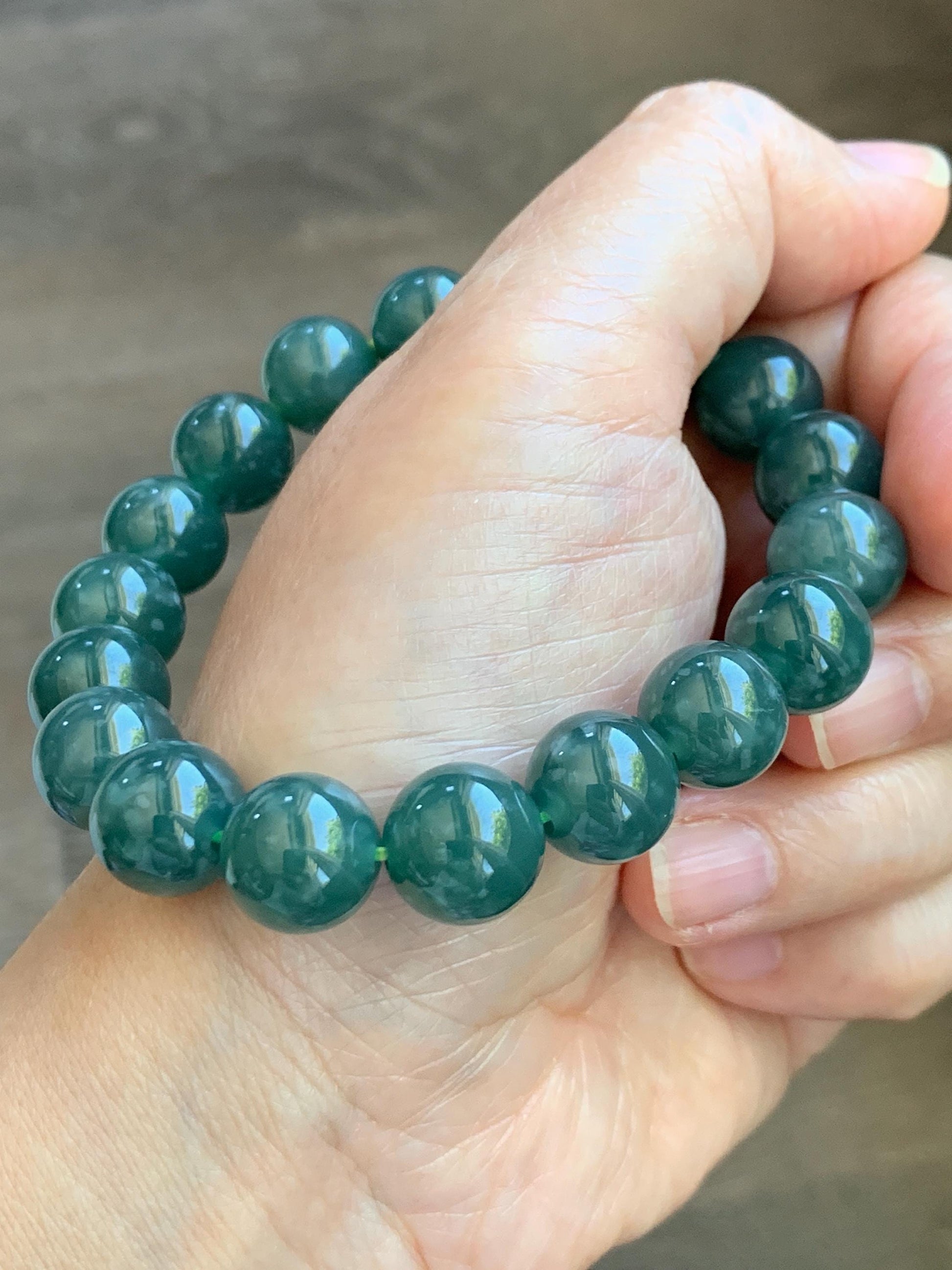 Natural Guatemalan Grade A Icy Translucent Dark Teal Green Jade Jadeite Beaded Bracelet Stretchy 11.7mm 8” 49g 天然冰危老种深蓝绿翡翠圆珠手串 WDL580