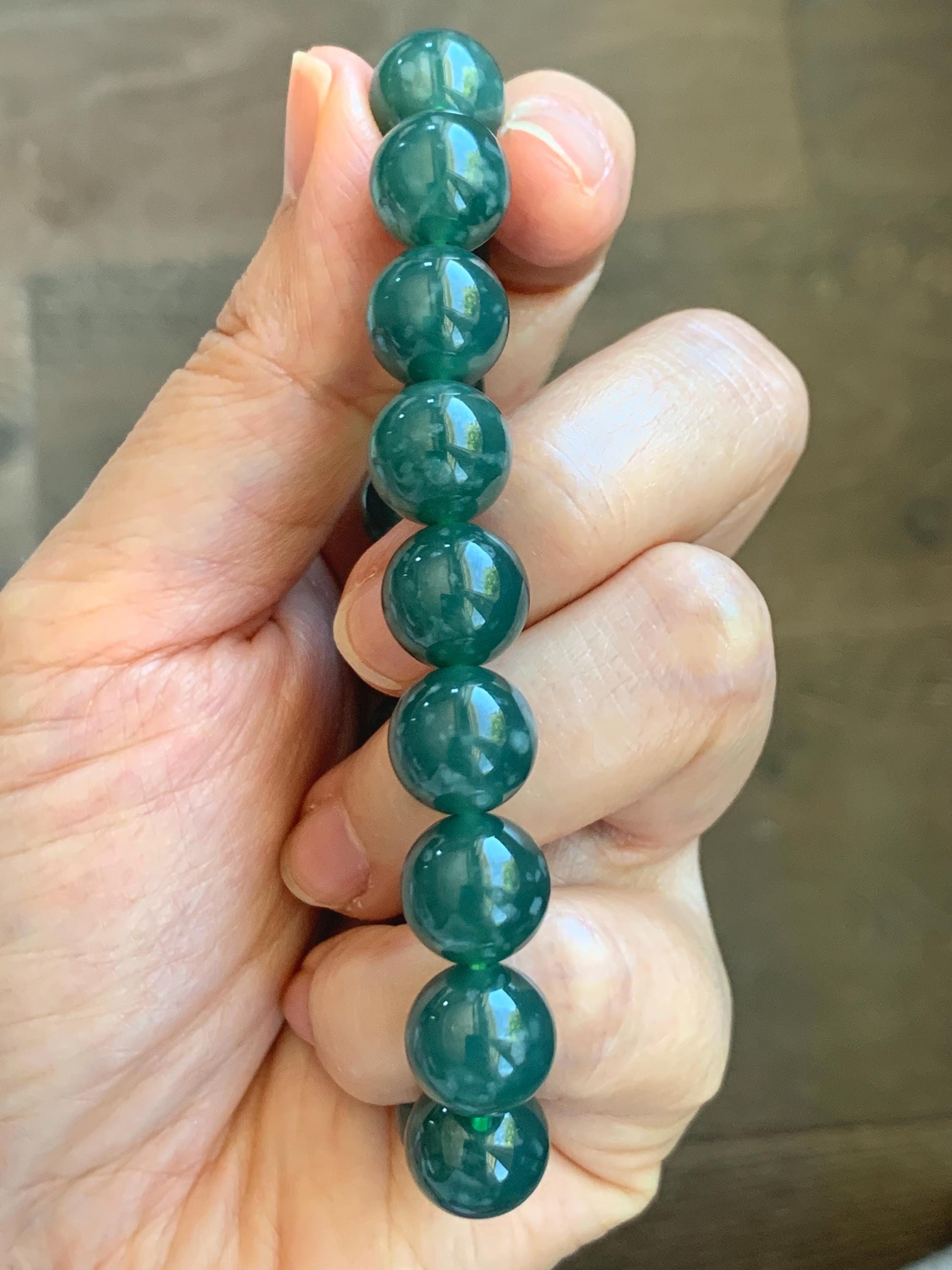 Natural Guatemalan Grade A Icy Translucent Dark Teal Green Jade Jadeite Beaded Bracelet Stretchy 11.7mm 8” 49g 天然冰危老种深蓝绿翡翠圆珠手串 WDL580