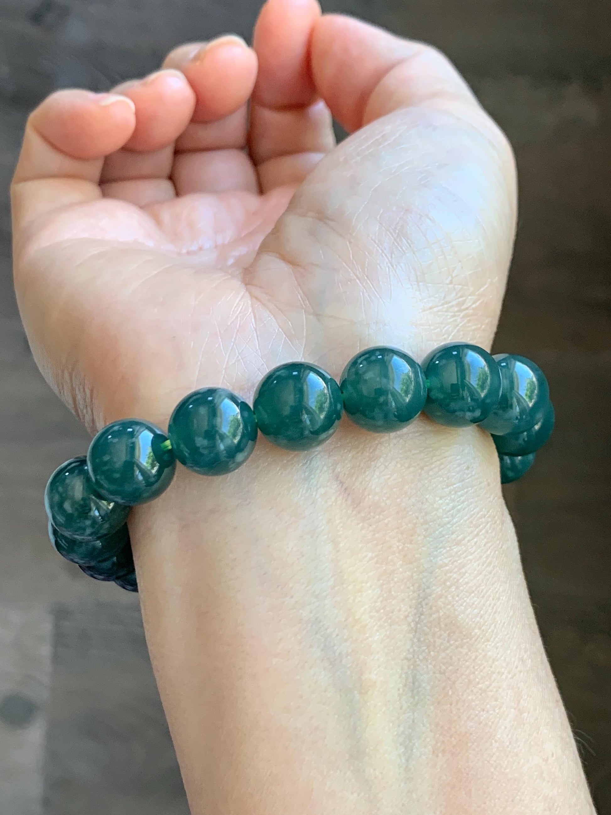Natural Guatemalan Grade A Icy Translucent Dark Teal Green Jade Jadeite Beaded Bracelet Stretchy 11.7mm 8” 49g 天然冰危老种深蓝绿翡翠圆珠手串 WDL580