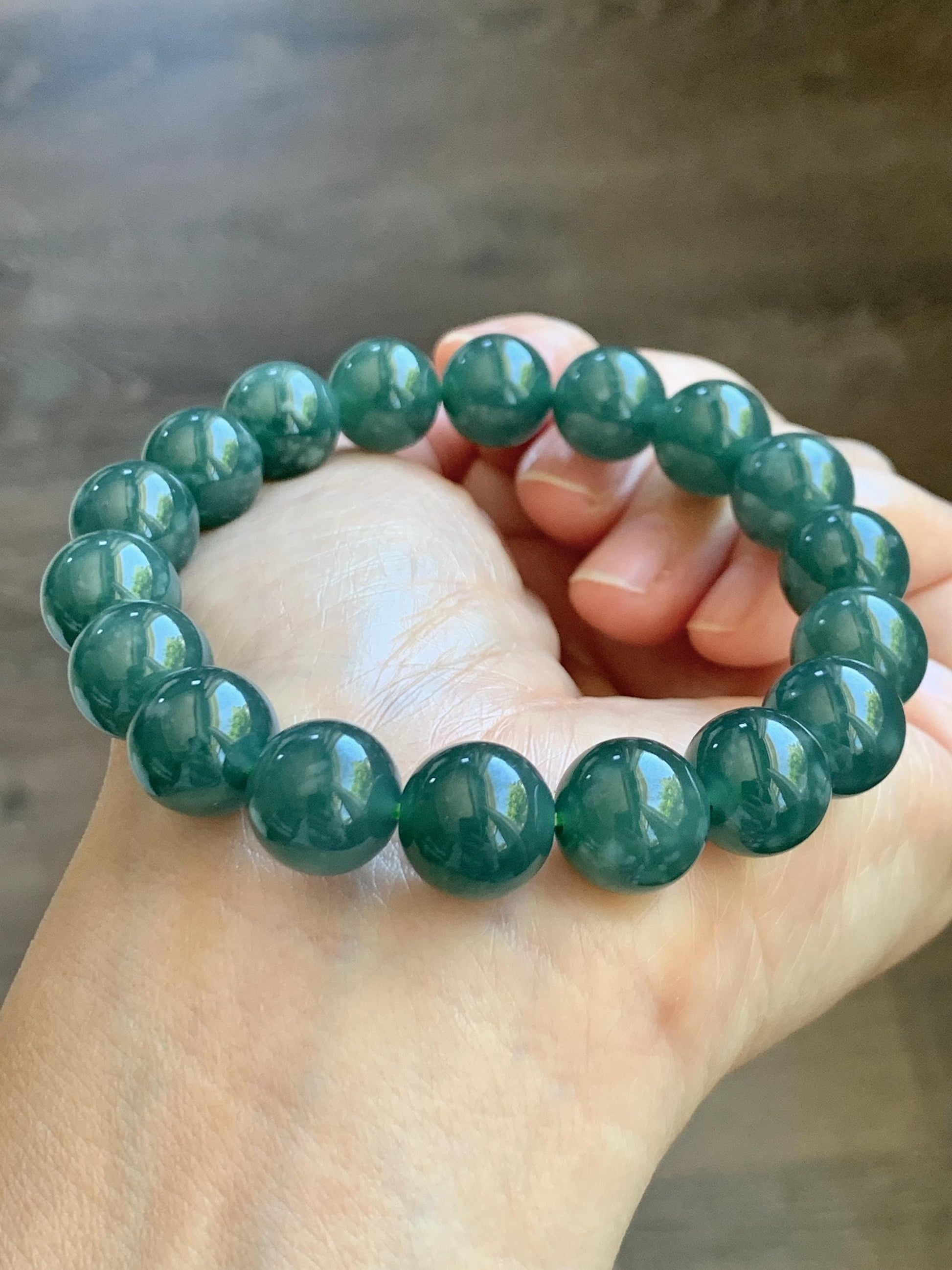Natural Guatemalan Grade A Icy Translucent Dark Teal Green Jade Jadeite Beaded Bracelet Stretchy 11.7mm 8” 49g 天然冰危老种深蓝绿翡翠圆珠手串 WDL580