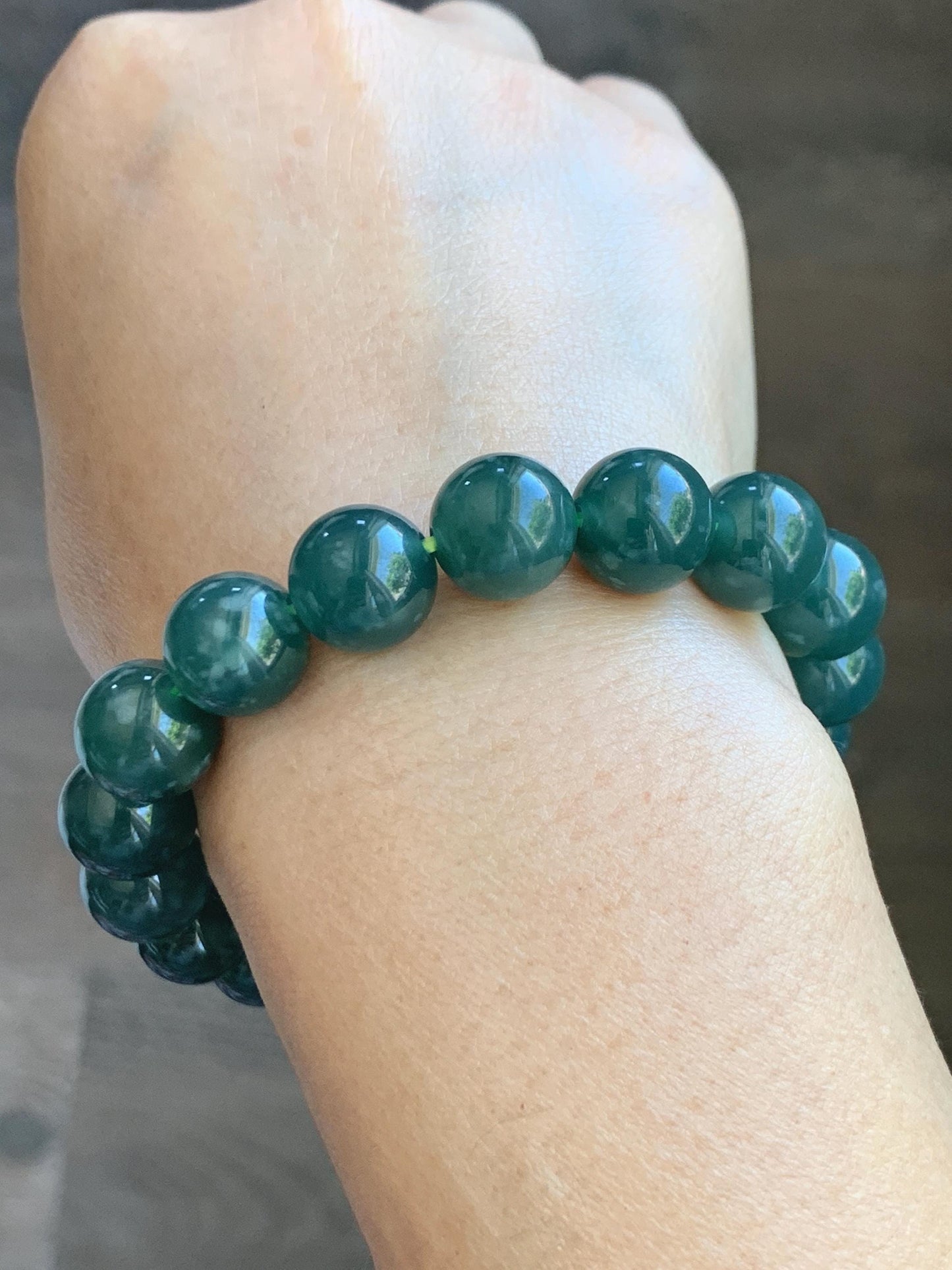 Natural Guatemalan Grade A Icy Translucent Dark Teal Green Jade Jadeite Beaded Bracelet Stretchy 11.7mm 8” 49g 天然冰危老种深蓝绿翡翠圆珠手串 WDL580