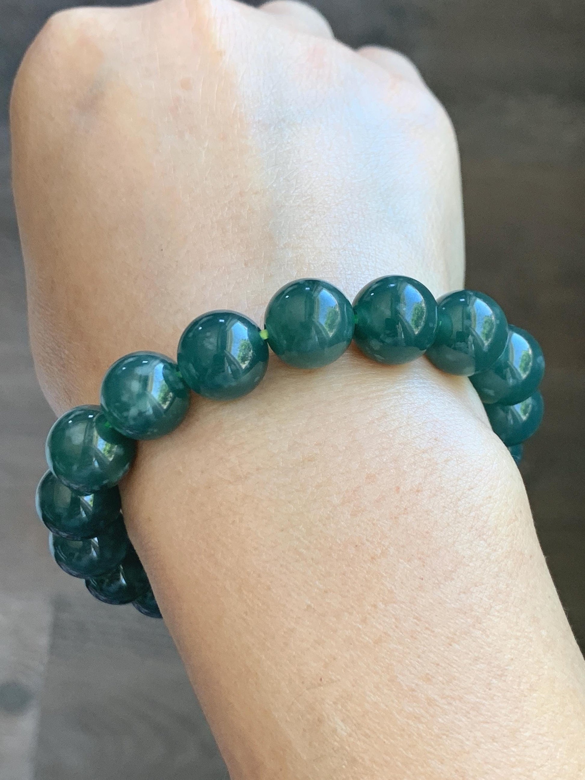Natural Guatemalan Grade A Icy Translucent Dark Teal Green Jade Jadeite Beaded Bracelet Stretchy 11.7mm 8” 49g 天然冰危老种深蓝绿翡翠圆珠手串 WDL580