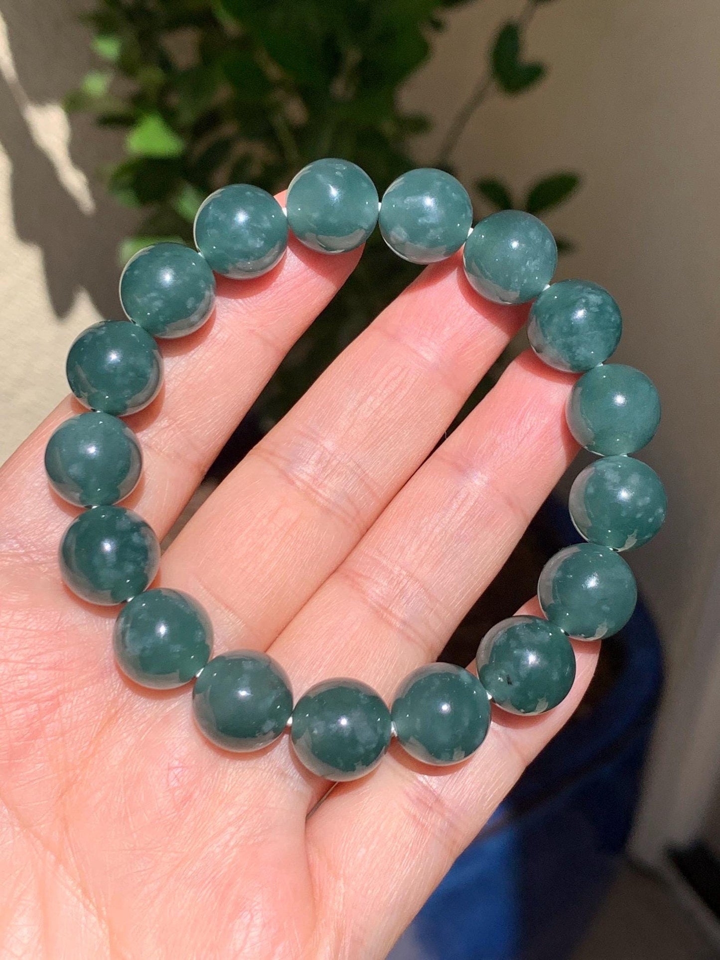 Natural Guatemalan Grade A Icy Translucent Dark Teal Green Jade Jadeite Beaded Bracelet Stretchy 11.7mm 7.5” 47g 天然冰危老种深蓝绿翡翠圆珠手串 WDB580