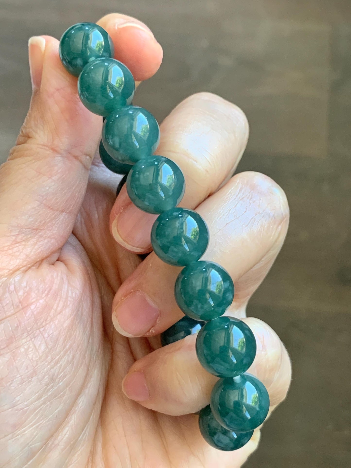 Natural Guatemalan Grade A Icy Translucent Dark Teal Green Jade Jadeite Beaded Bracelet Stretchy 11.7mm 7.5” 47g 天然冰危老种深蓝绿翡翠圆珠手串 WDB580