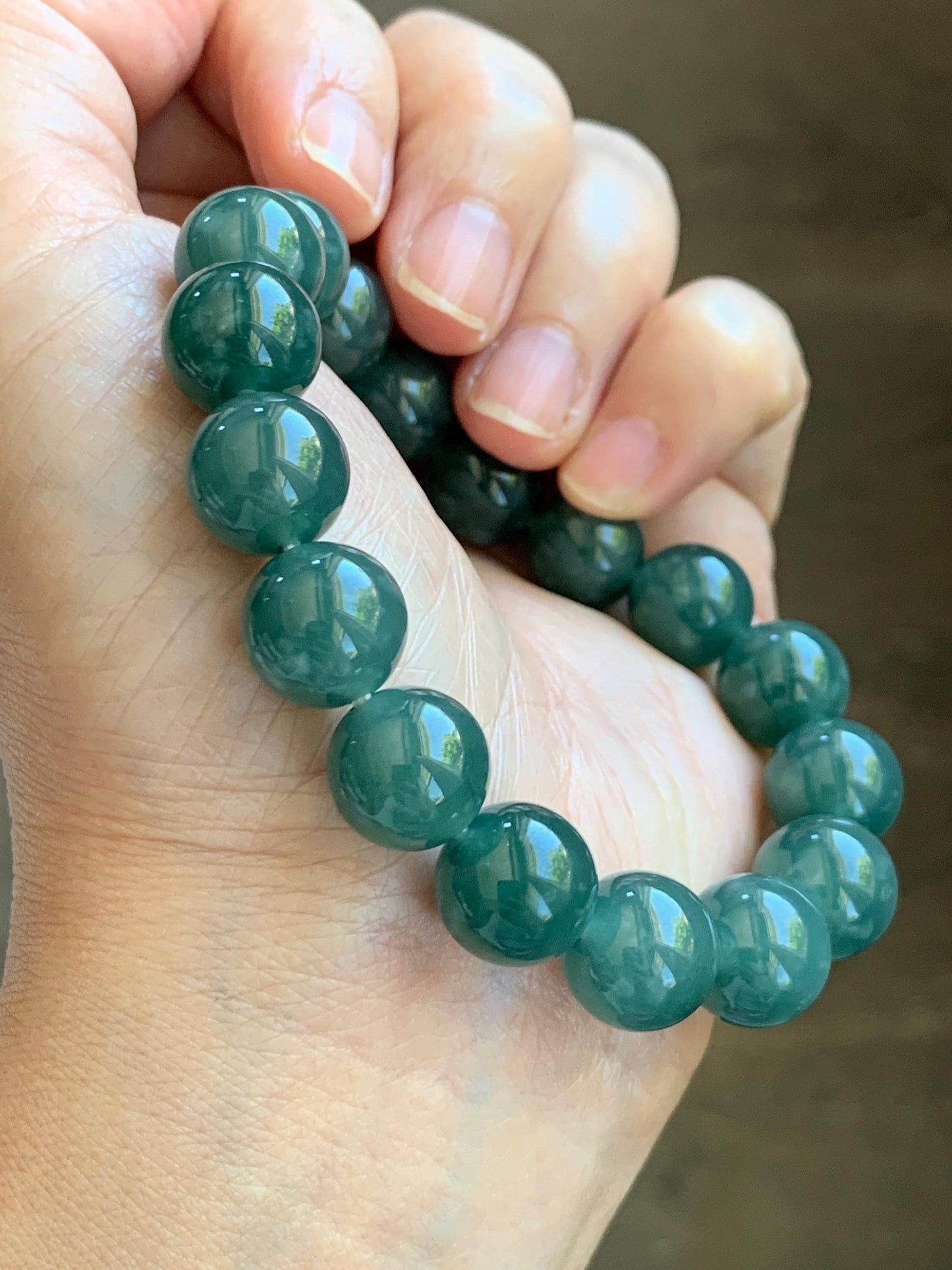 Natural Guatemalan Grade A Icy Translucent Dark Teal Green Jade Jadeite Beaded Bracelet Stretchy 11.7mm 7.5” 47g 天然冰危老种深蓝绿翡翠圆珠手串 WDB580