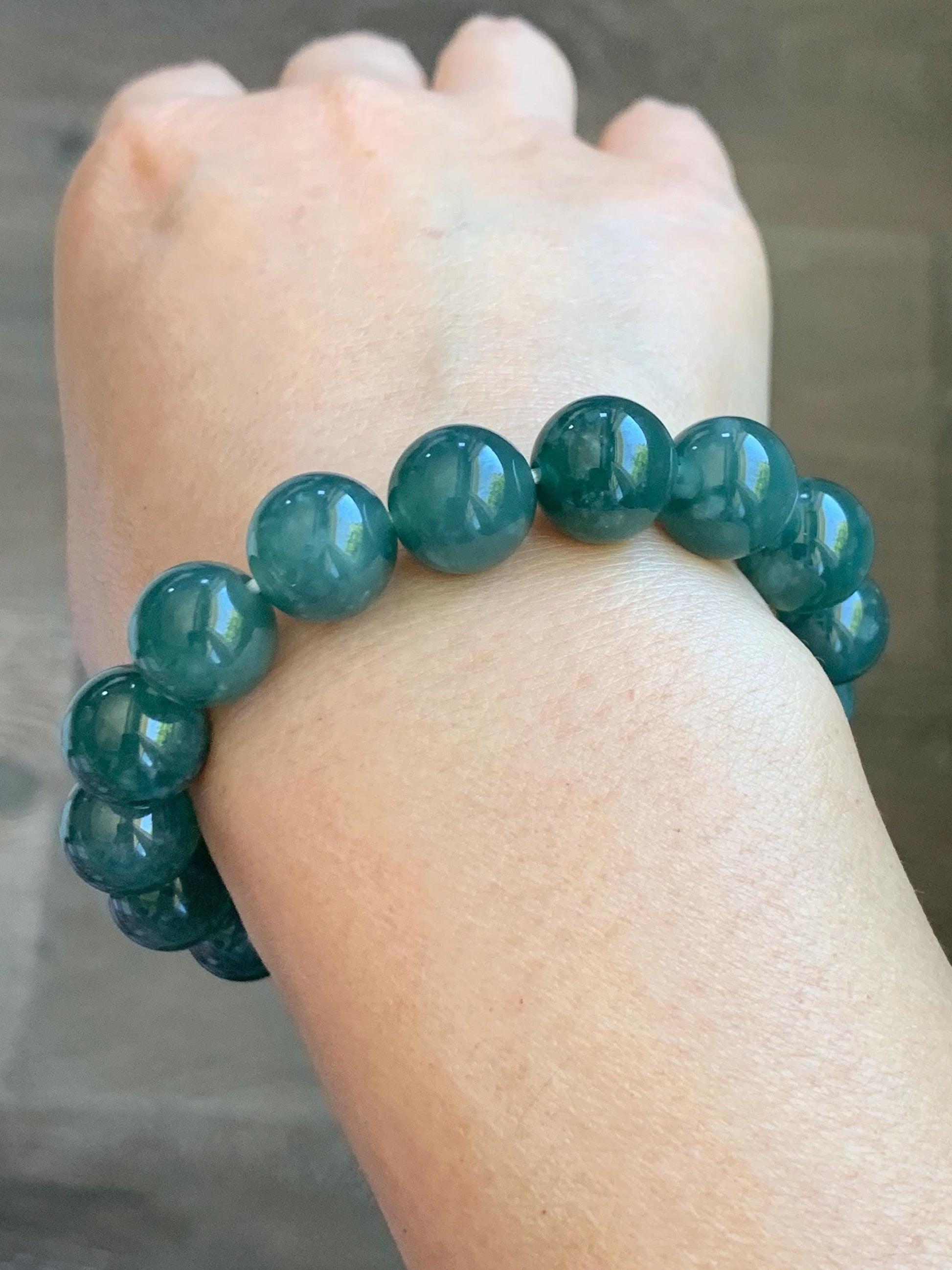 Natural Guatemalan Grade A Icy Translucent Dark Teal Green Jade Jadeite Beaded Bracelet Stretchy 11.7mm 7.5” 47g 天然冰危老种深蓝绿翡翠圆珠手串 WDB580