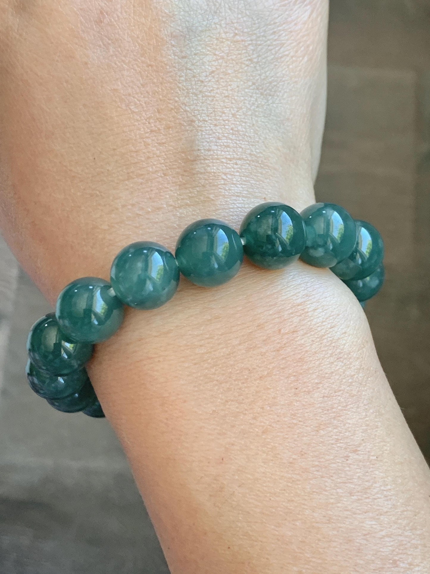 Natural Guatemalan Grade A Icy Translucent Dark Teal Green Jade Jadeite Beaded Bracelet Stretchy 11.7mm 7.5” 47g 天然冰危老种深蓝绿翡翠圆珠手串 WDB580