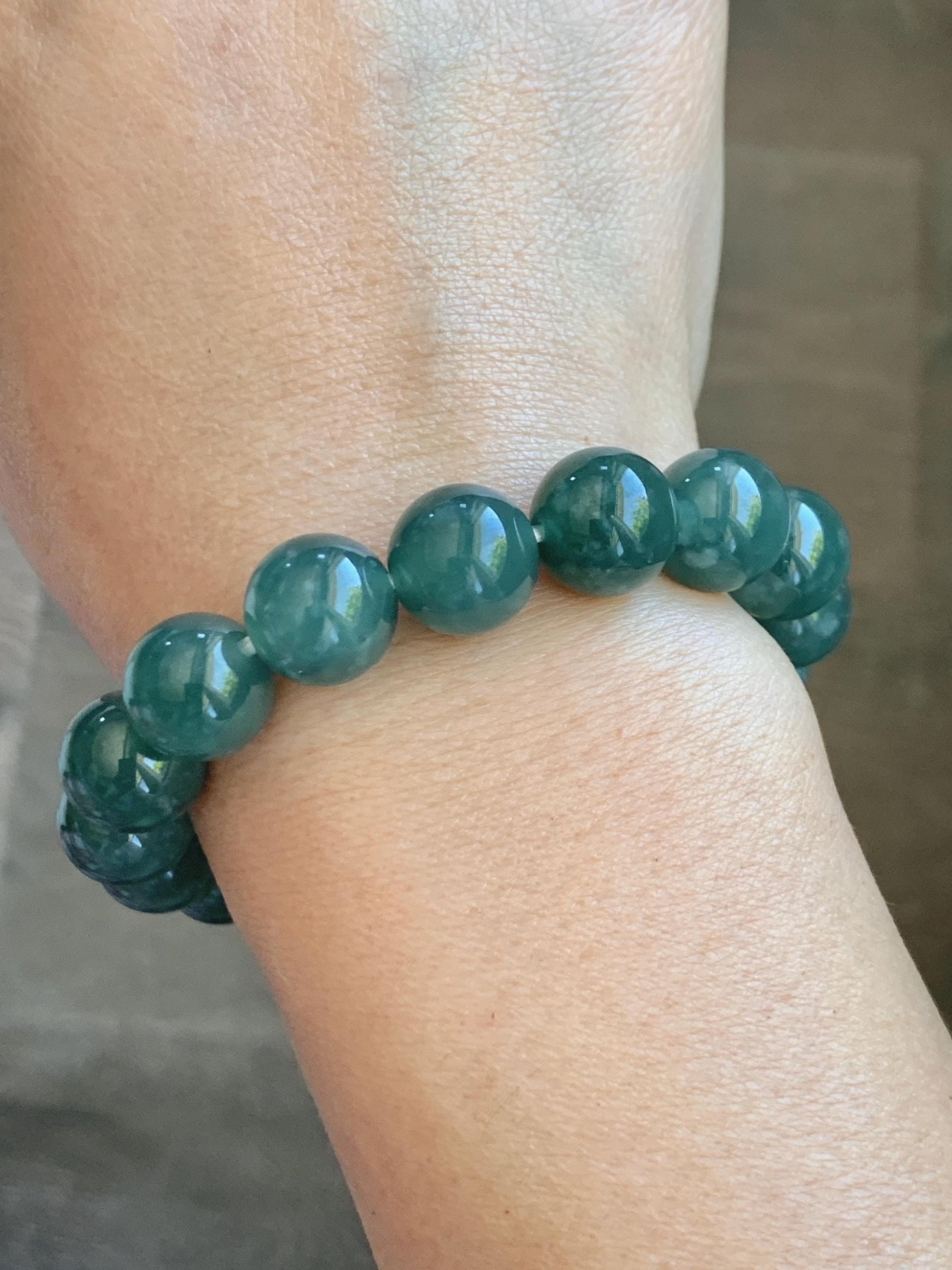 Natural Guatemalan Grade A Icy Translucent Dark Teal Green Jade Jadeite Beaded Bracelet Stretchy 11.7mm 7.5” 47g 天然冰危老种深蓝绿翡翠圆珠手串 WDB580