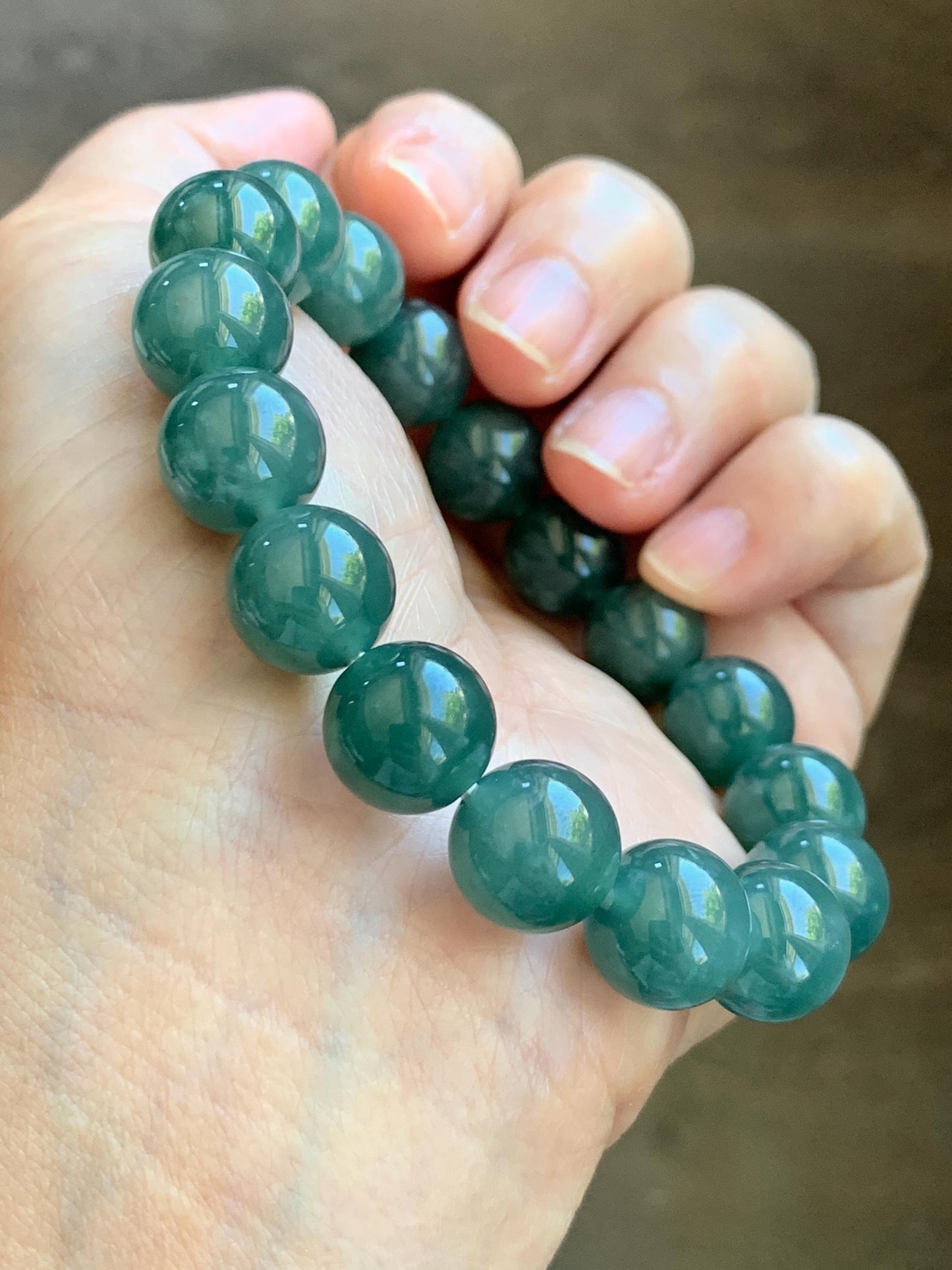 Natural Guatemalan Grade A Icy Translucent Dark Teal Green Jade Jadeite Beaded Bracelet Stretchy 11.7mm 7.5” 47g 天然冰危老种深蓝绿翡翠圆珠手串 WDB580